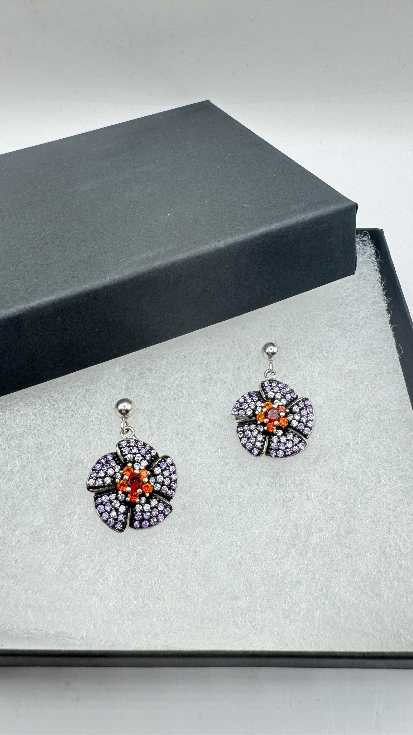 Vintage Garnet Tanzanite Flower 925 Sterling Silver Earrings