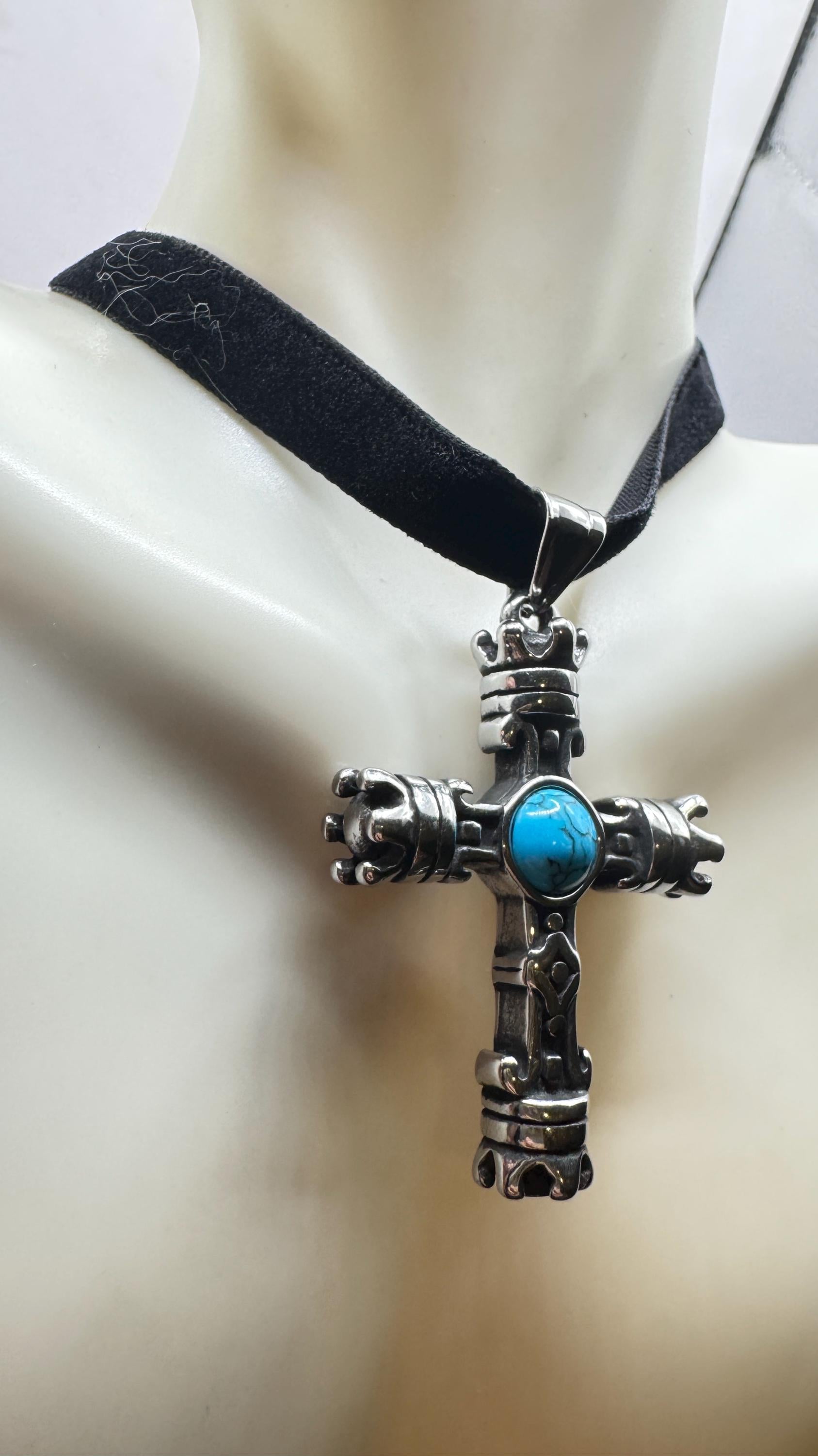 vintage Turquoise Silver Stainless Steel Cross necklace