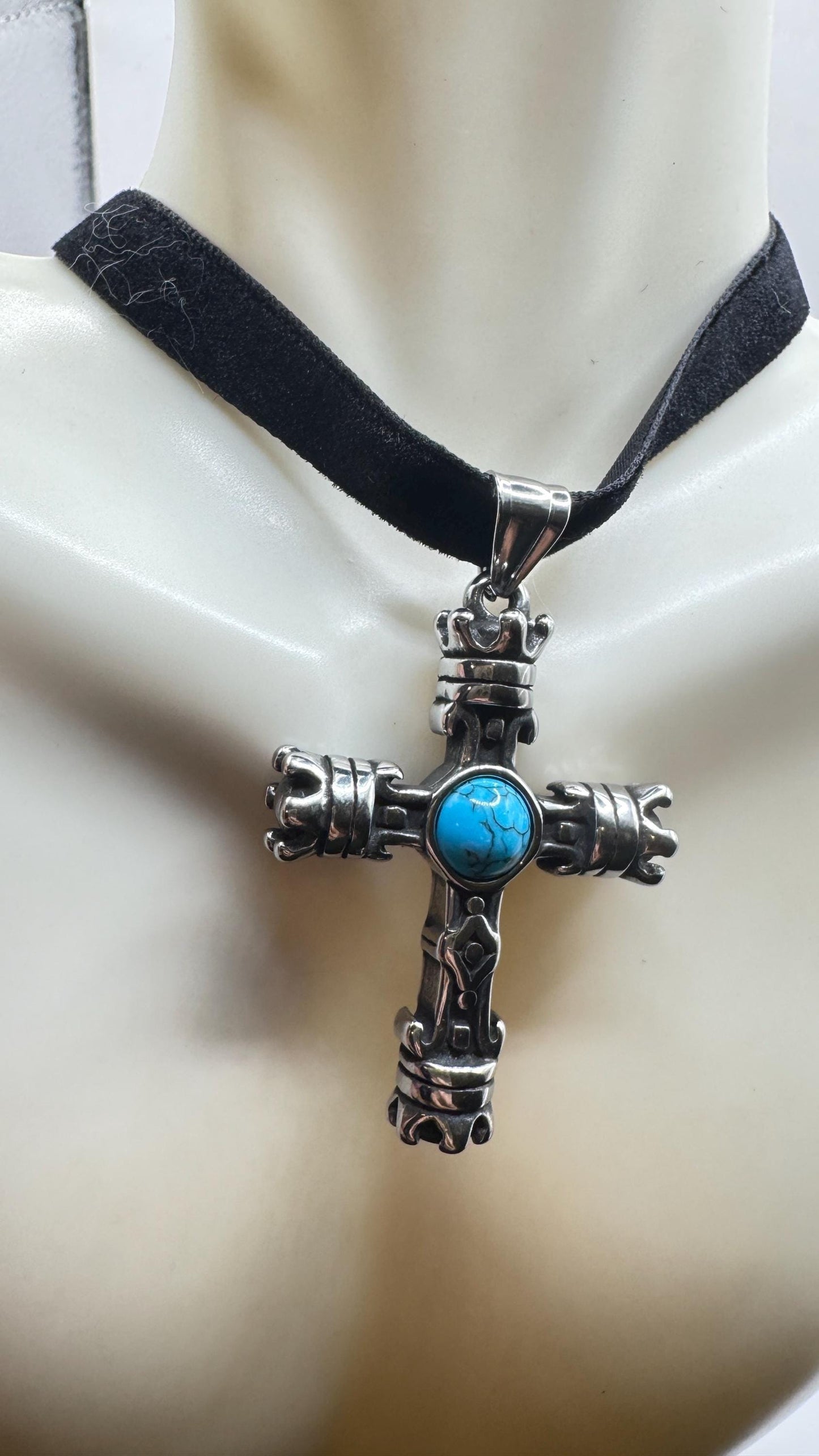 vintage Turquoise Silver Stainless Steel Cross necklace