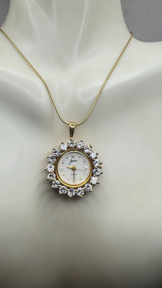 Vintage Watch Necklace 925 Sterling Silver Red CZ Antique Pendant