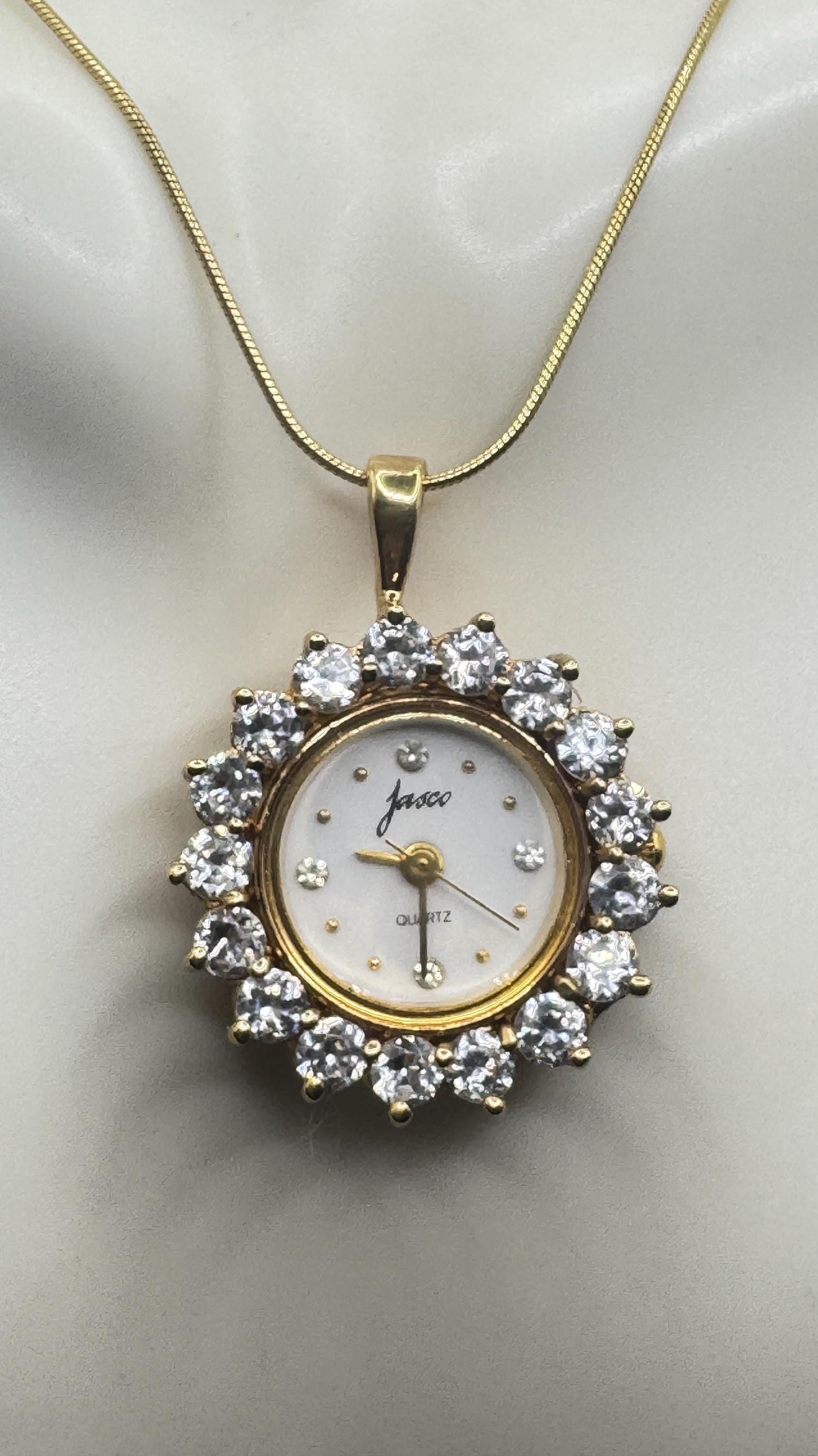 Vintage Watch Necklace 925 Sterling Silver Red CZ Antique Pendant