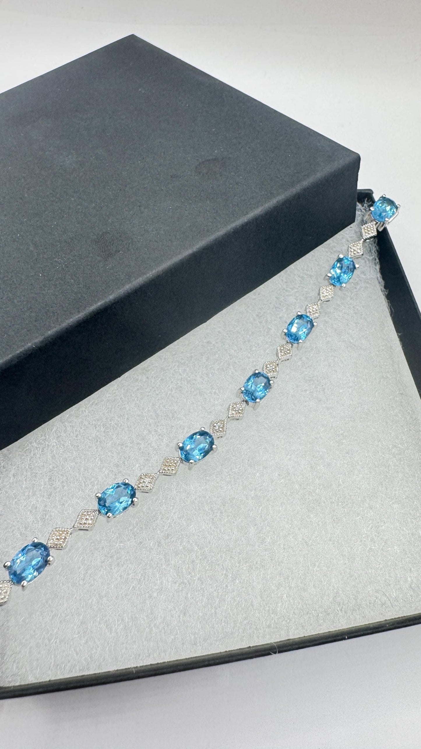 Vintage Blue Topaz Diamond 925 Sterling Silver Tennis Bracelet