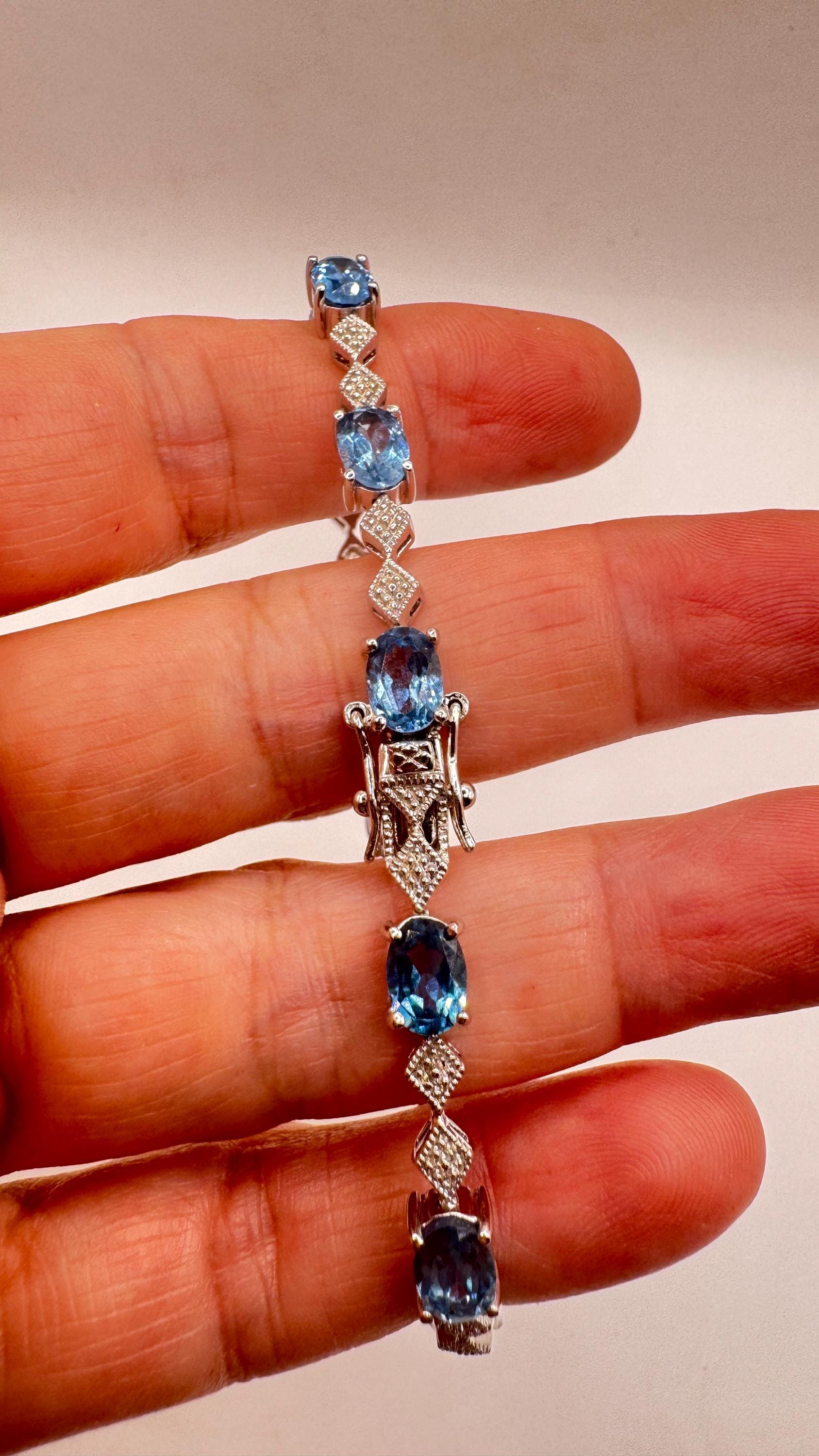 Vintage Blue Topaz Diamond 925 Sterling Silver Tennis Bracelet