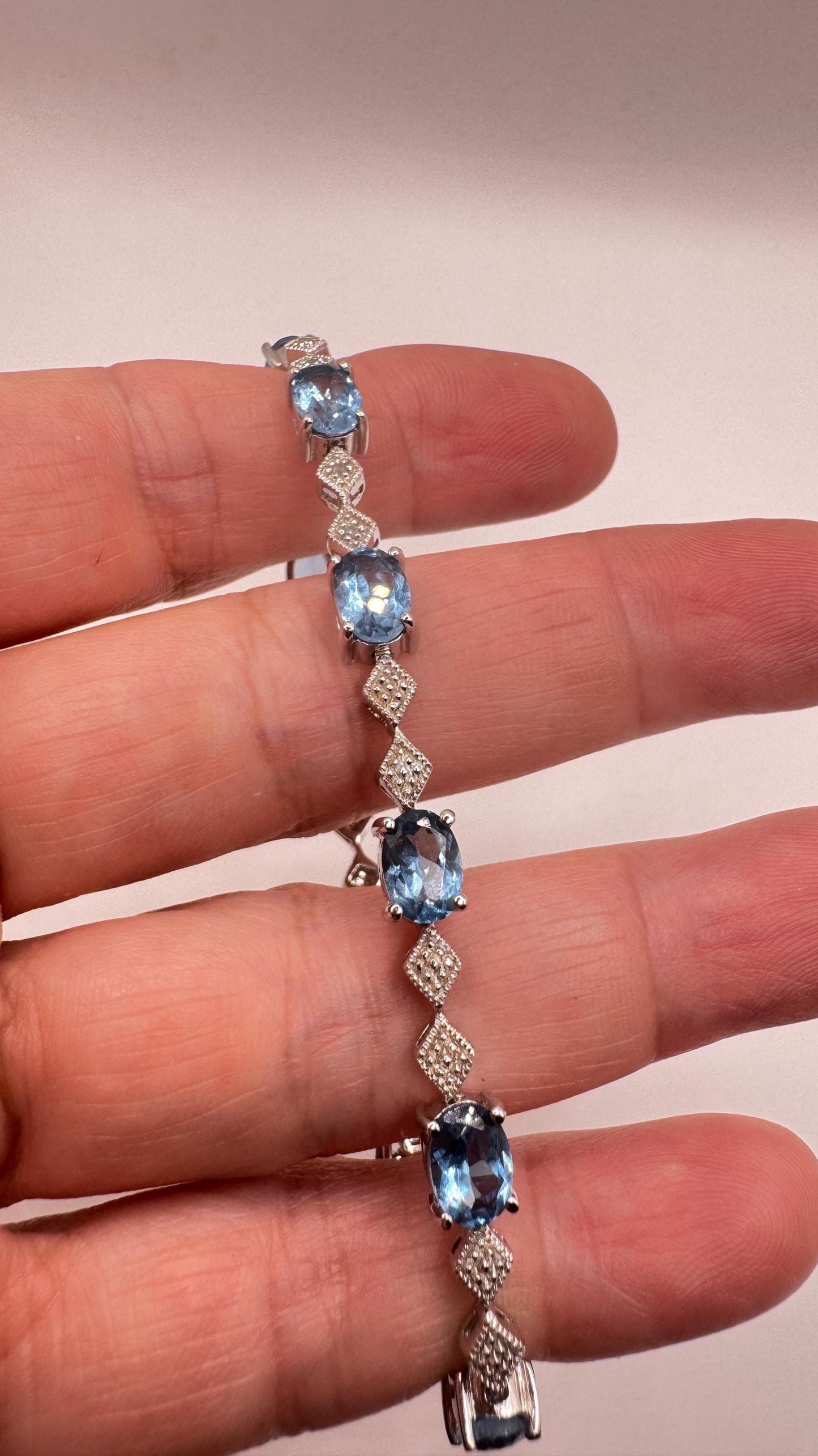 Vintage Blue Topaz Diamond 925 Sterling Silver Tennis Bracelet