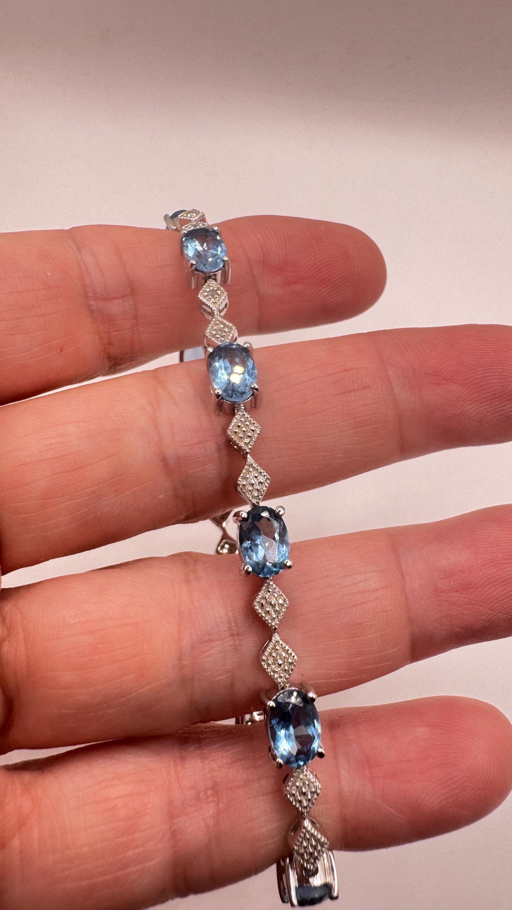 Vintage Blue Topaz Diamond 925 Sterling Silver Tennis Bracelet