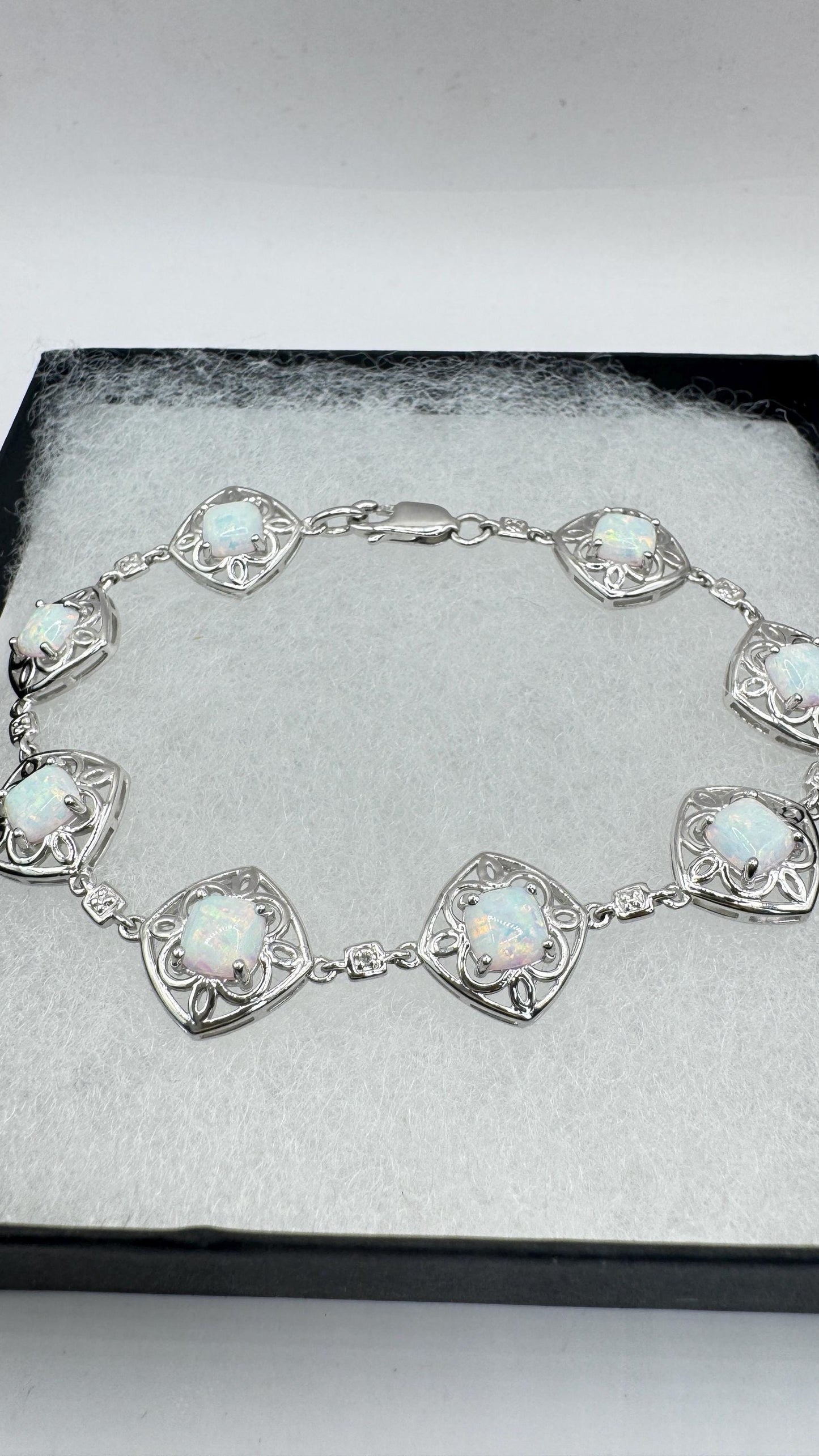 Vintage White Fire Opal Diamond Chip Bracelet 925 Sterling Silver