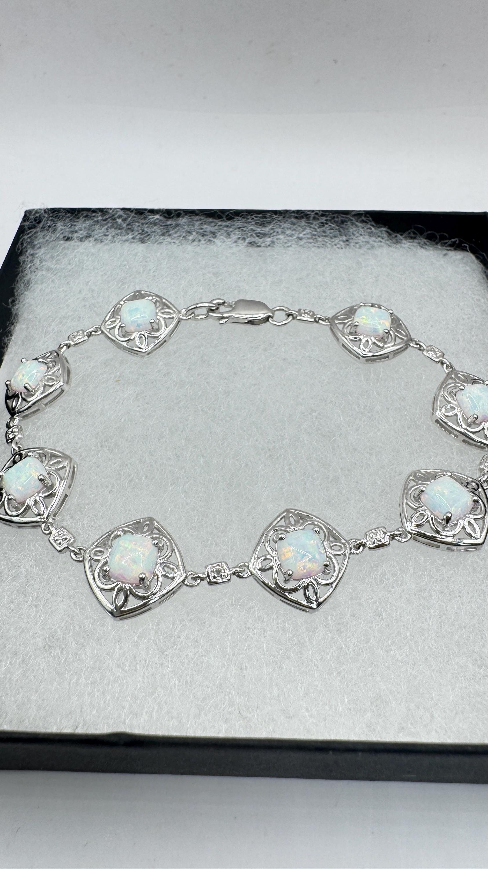 Vintage White Fire Opal Diamond Chip Bracelet 925 Sterling Silver