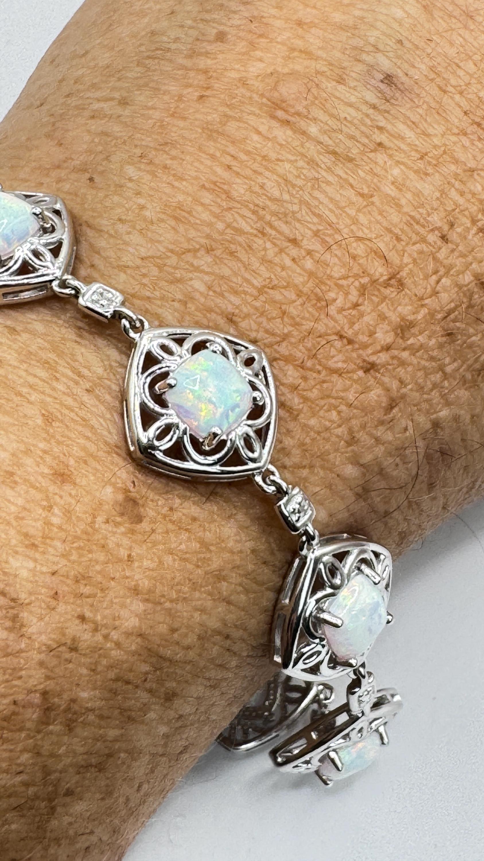 Vintage White Fire Opal Diamond Chip Bracelet 925 Sterling Silver