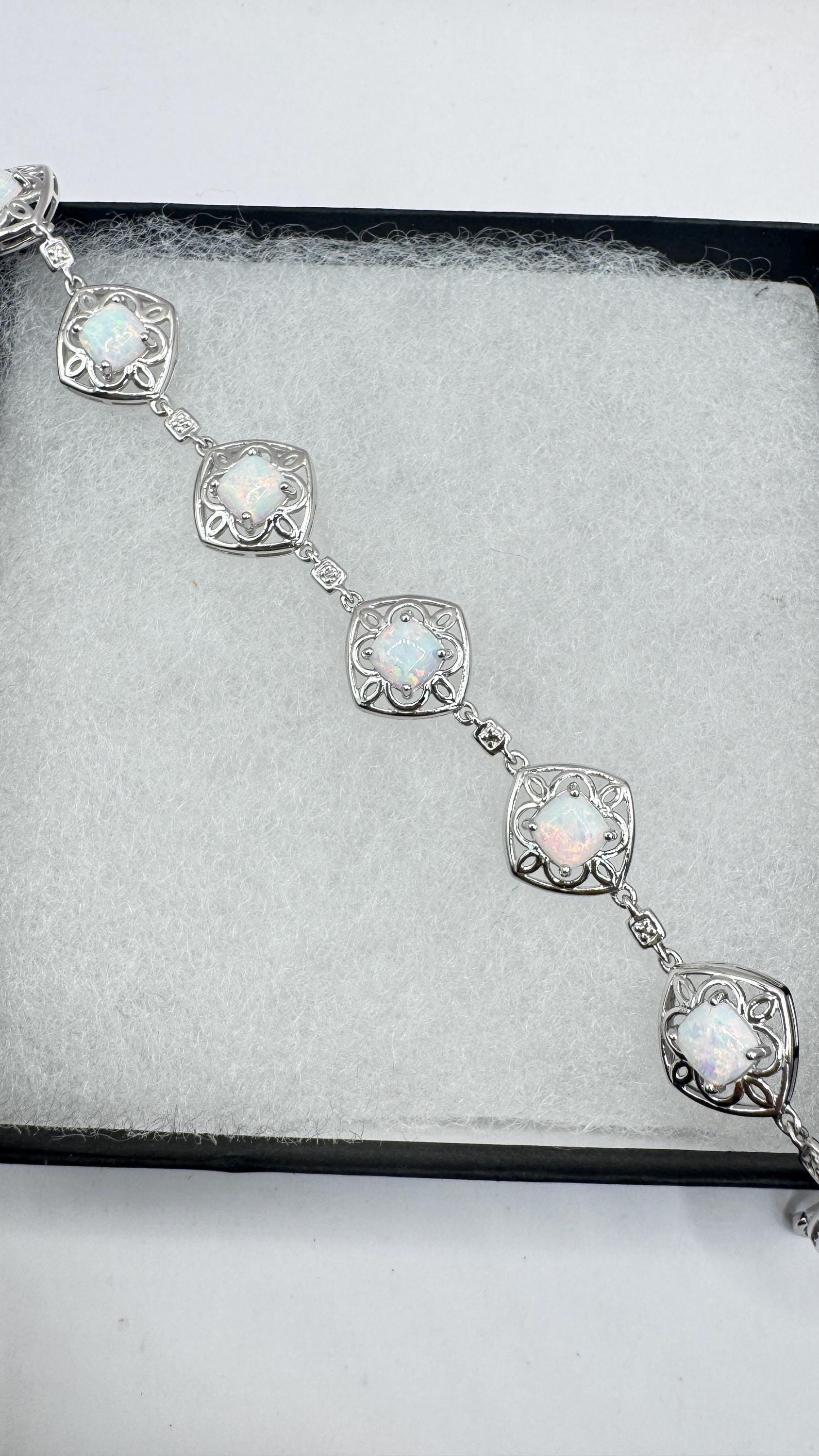 Vintage White Fire Opal Diamond Chip Bracelet 925 Sterling Silver