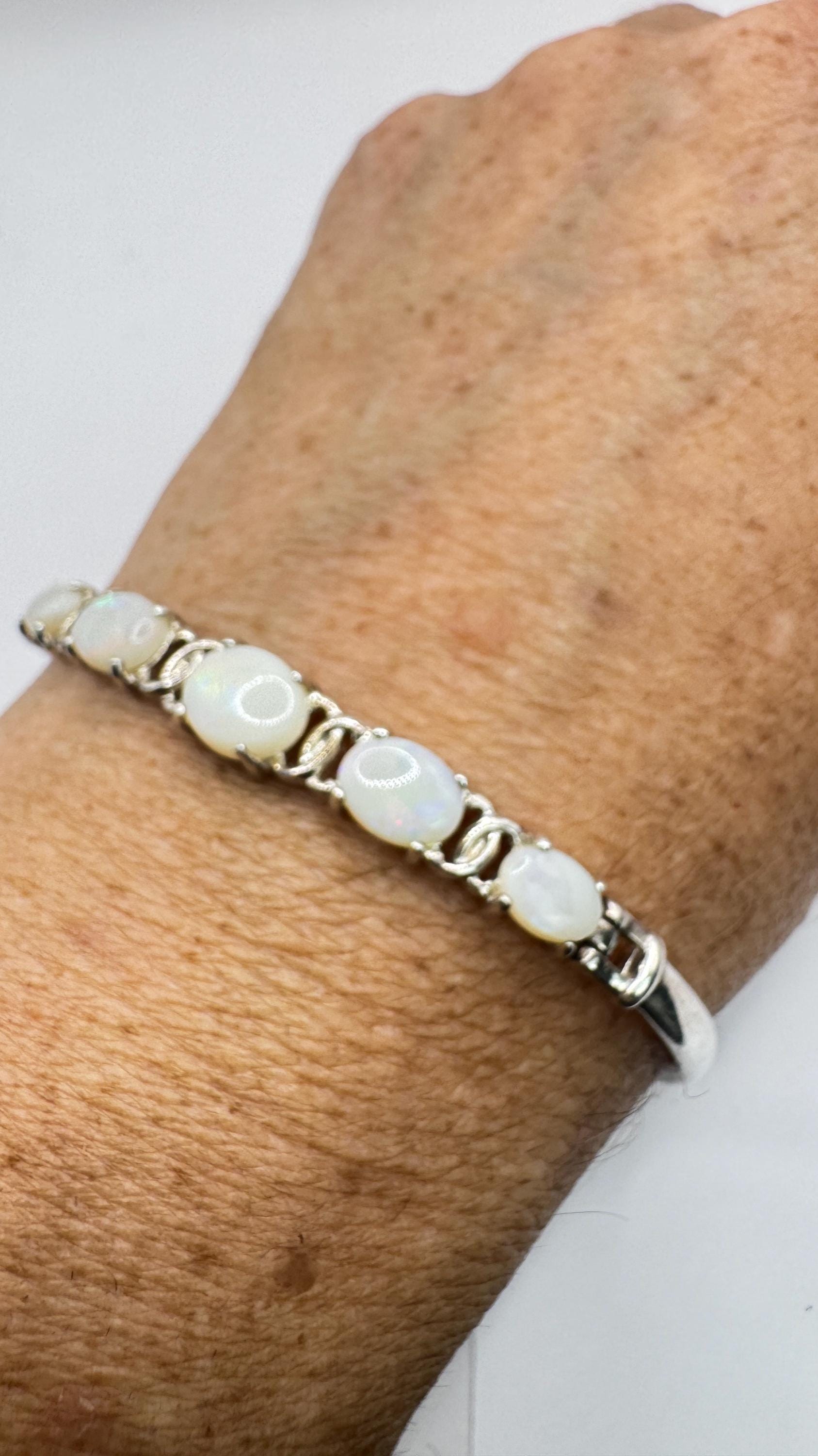 Vintage Blue Fire Opal Bangle Cuff Bracelet 925 Sterling Silver