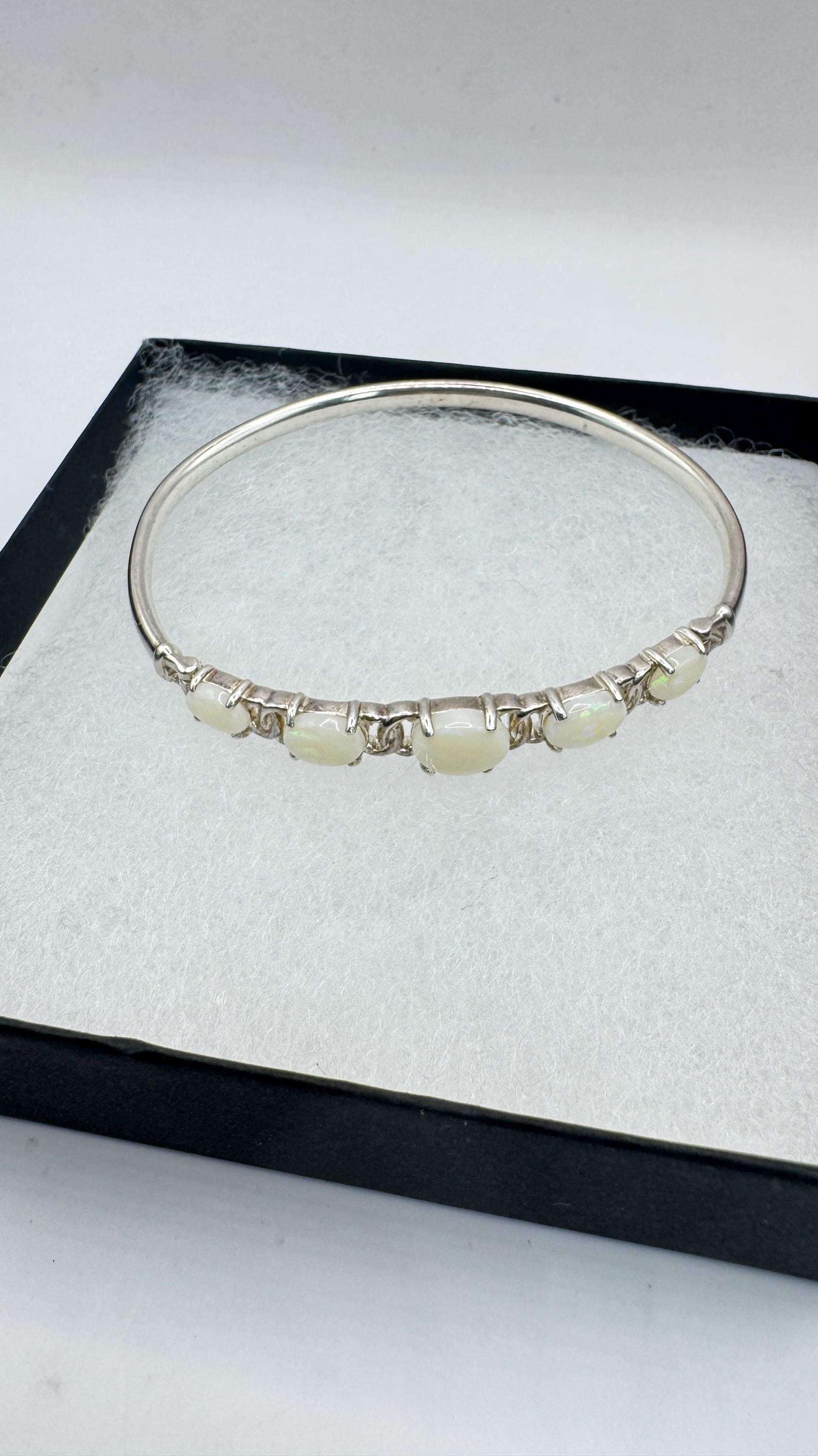 Vintage Blue Fire Opal Bangle Cuff Bracelet 925 Sterling Silver