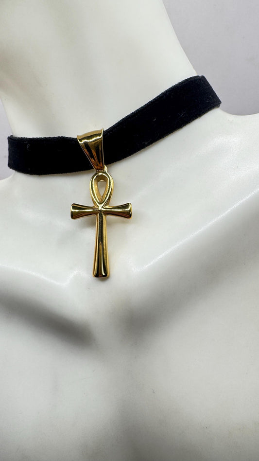 Golden Egyptian Ankh Pendant Choker