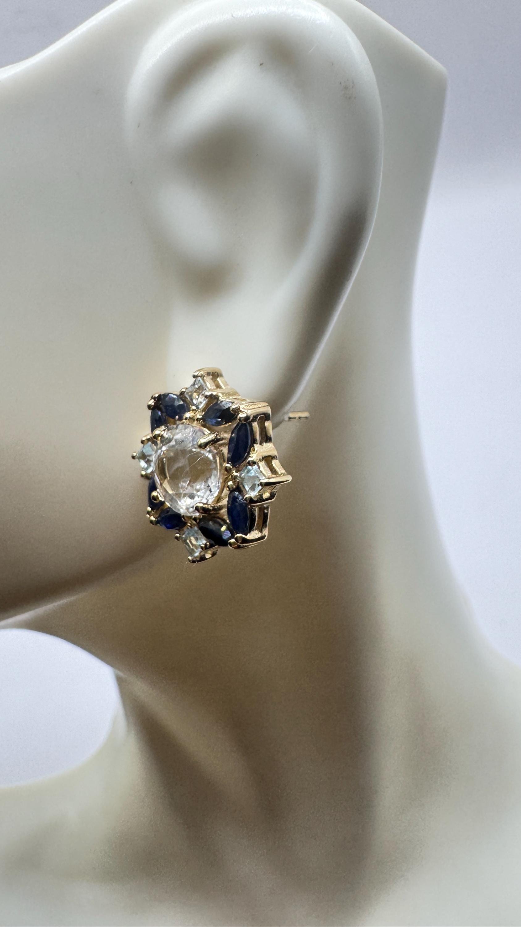 Vintage aquamarine blue sapphire Gold 925 Sterling Silver Post Earrings
