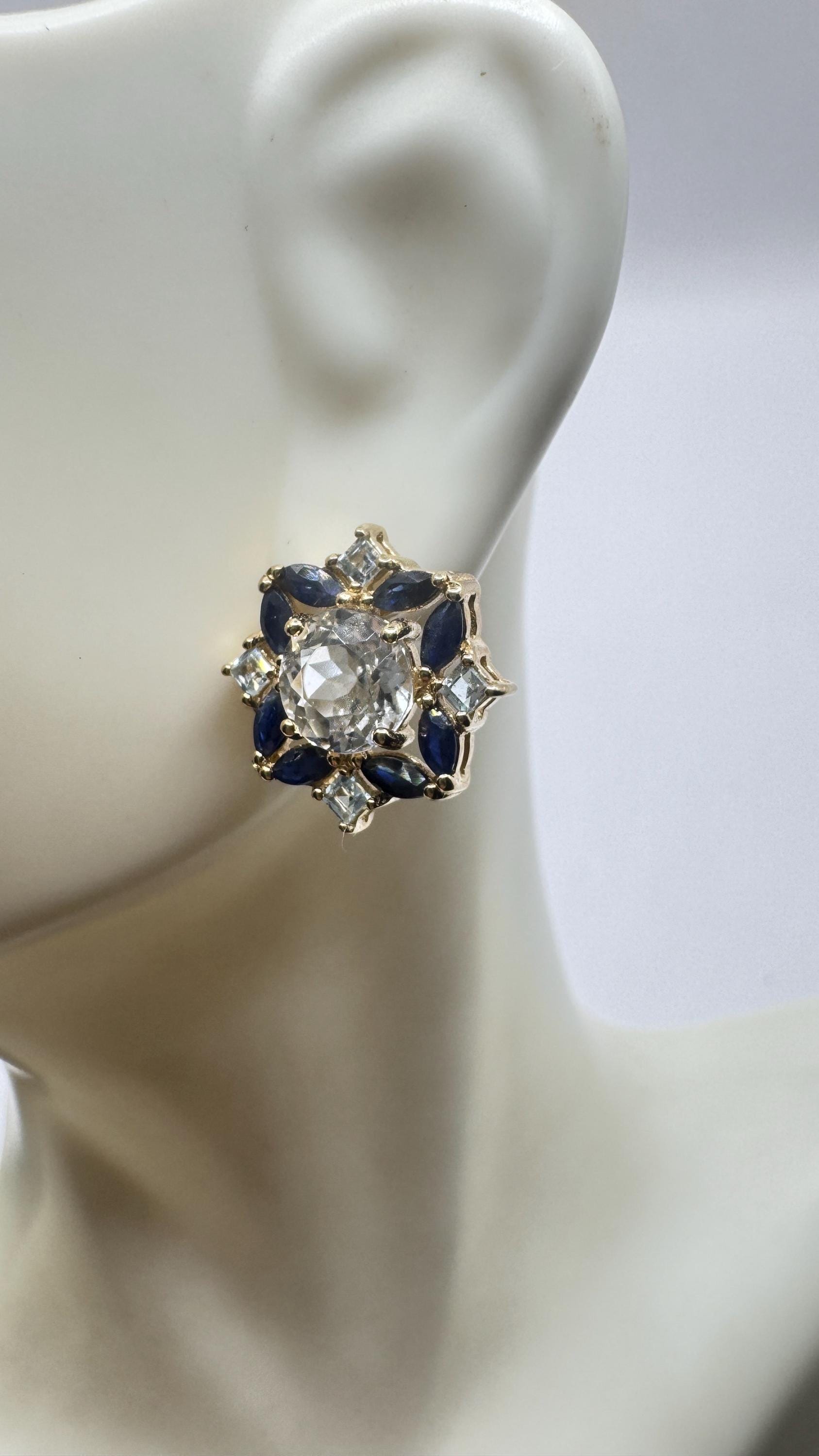 Vintage aquamarine blue sapphire Gold 925 Sterling Silver Post Earrings