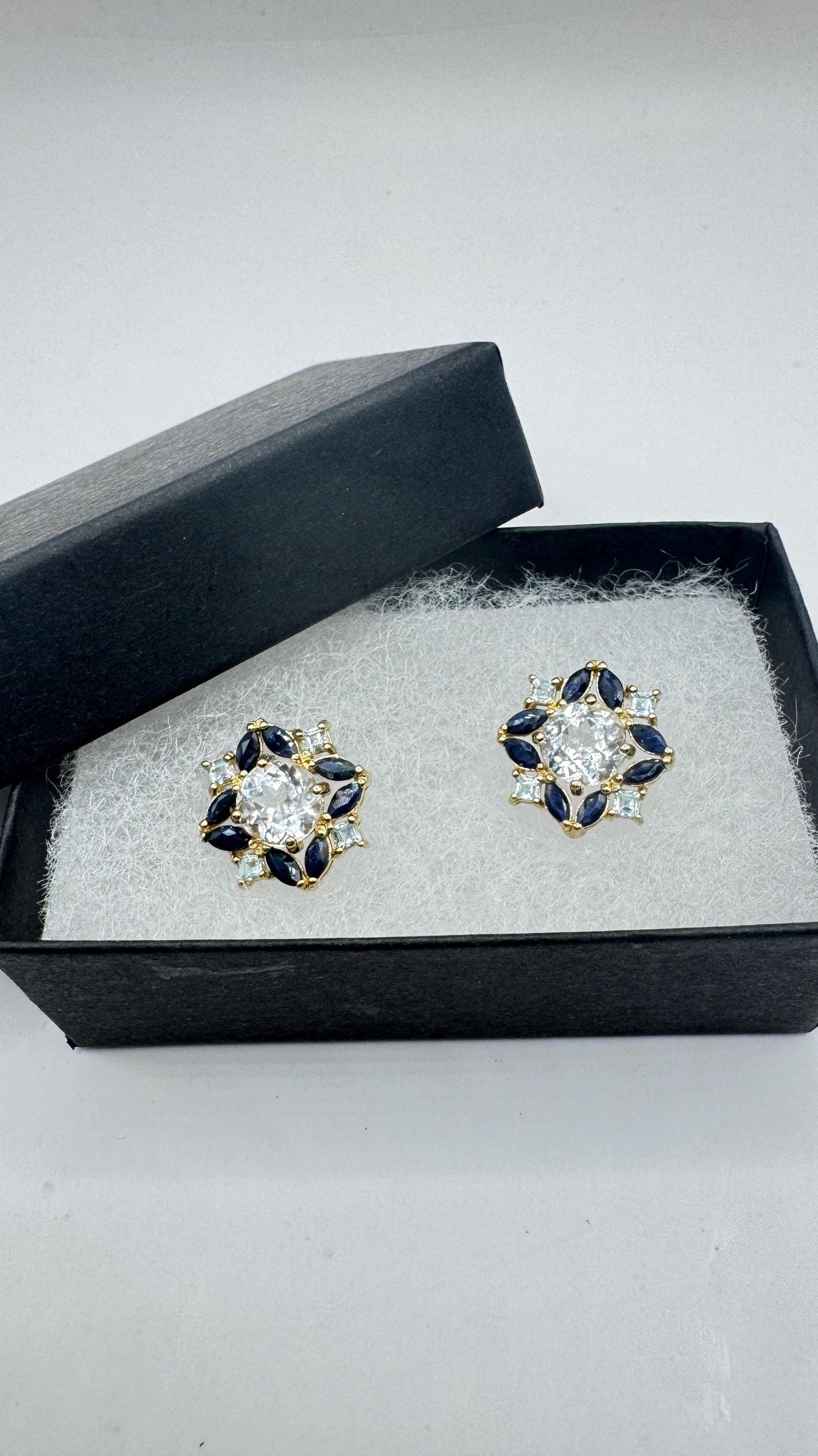 Vintage aquamarine blue sapphire Gold 925 Sterling Silver Post Earrings