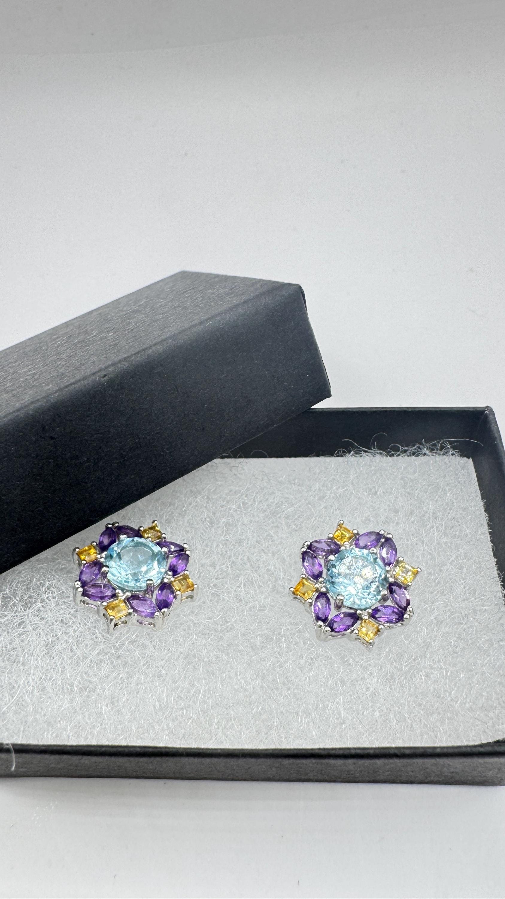 Vintage blue topaz amethyst citrine 925 Sterling Silver Post Earrings
