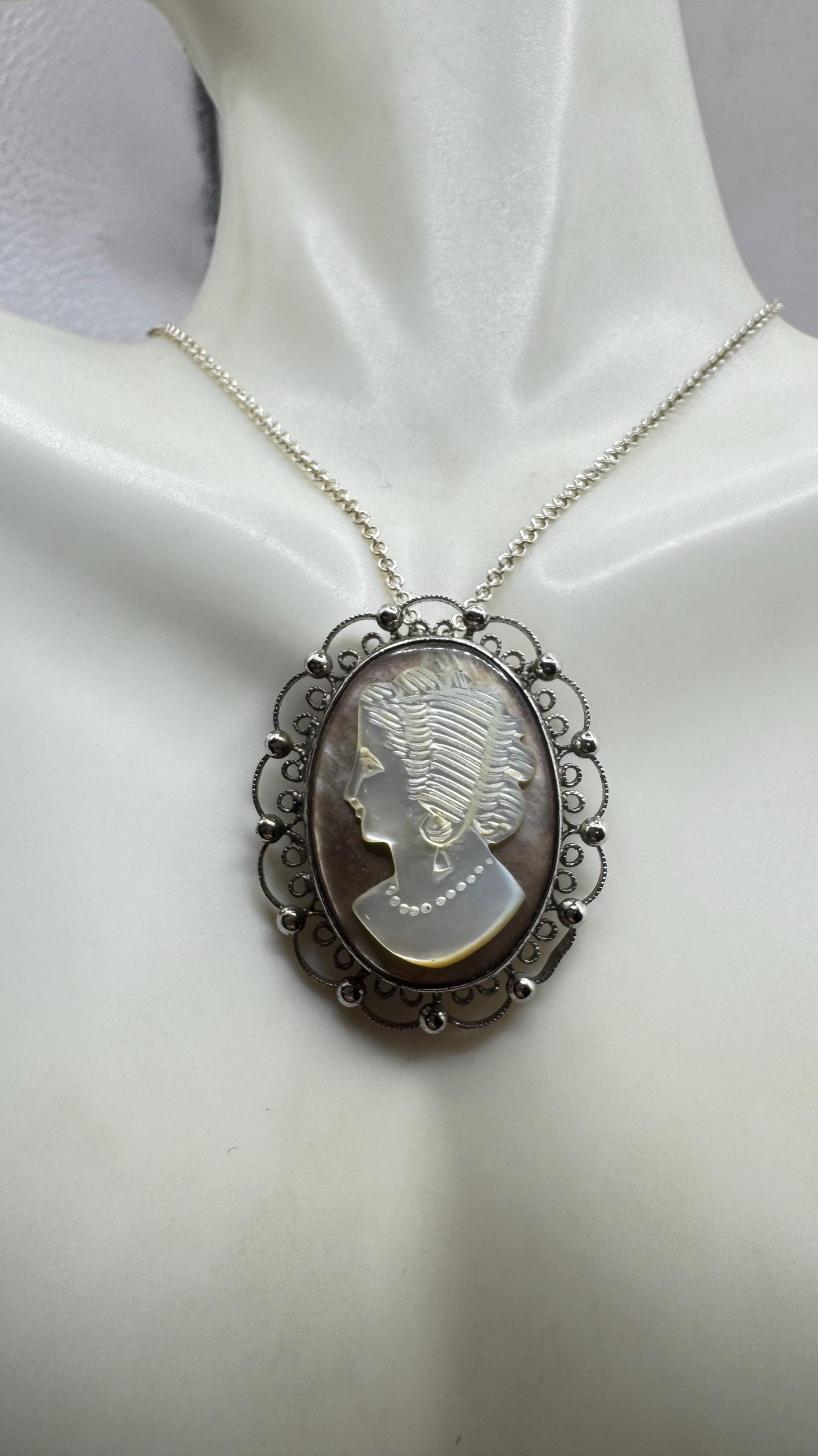 Vintage abalone Cameo Sterling Silver Necklace Pin Brooch