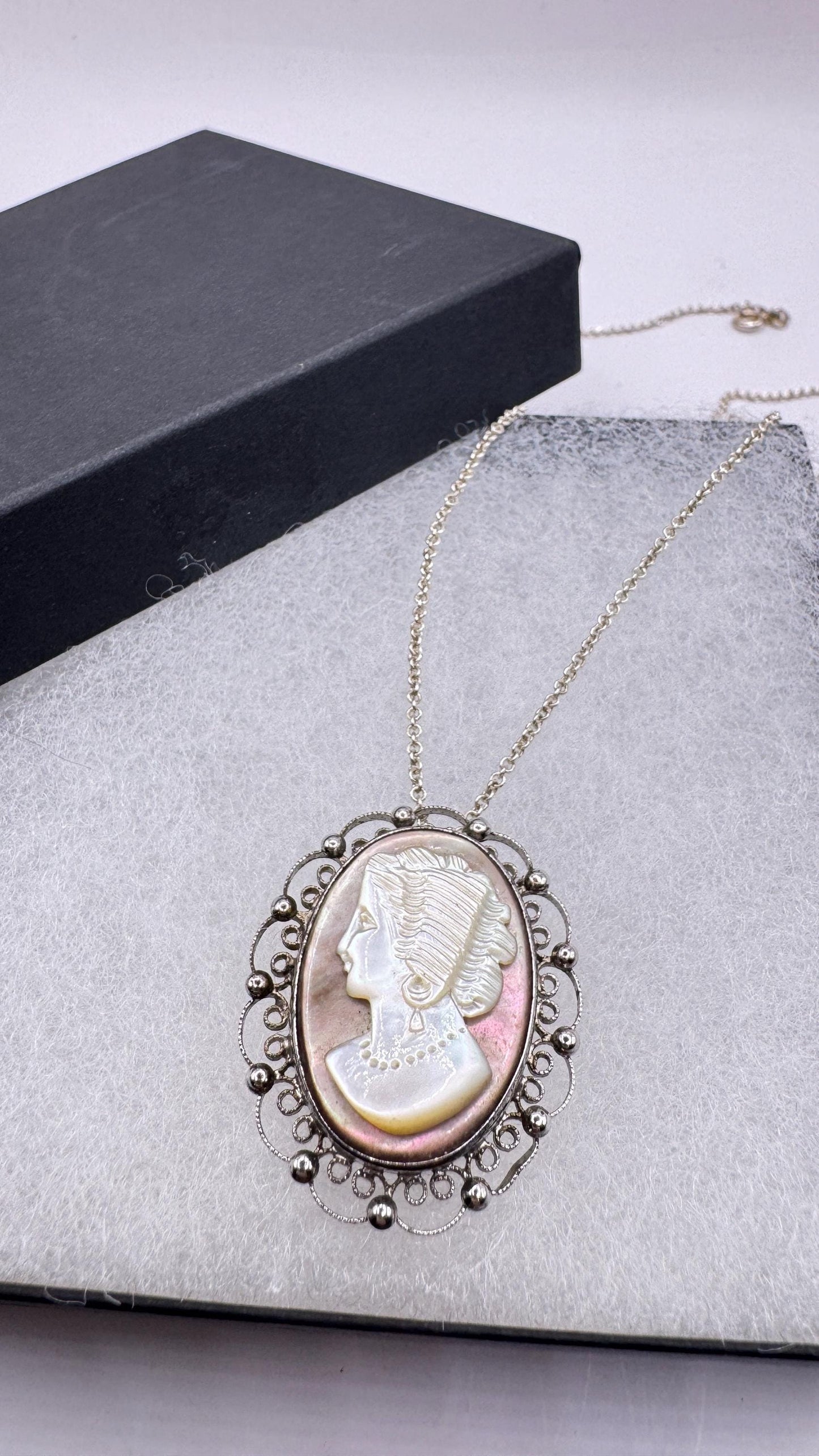 Vintage abalone Cameo Sterling Silver Necklace Pin Brooch