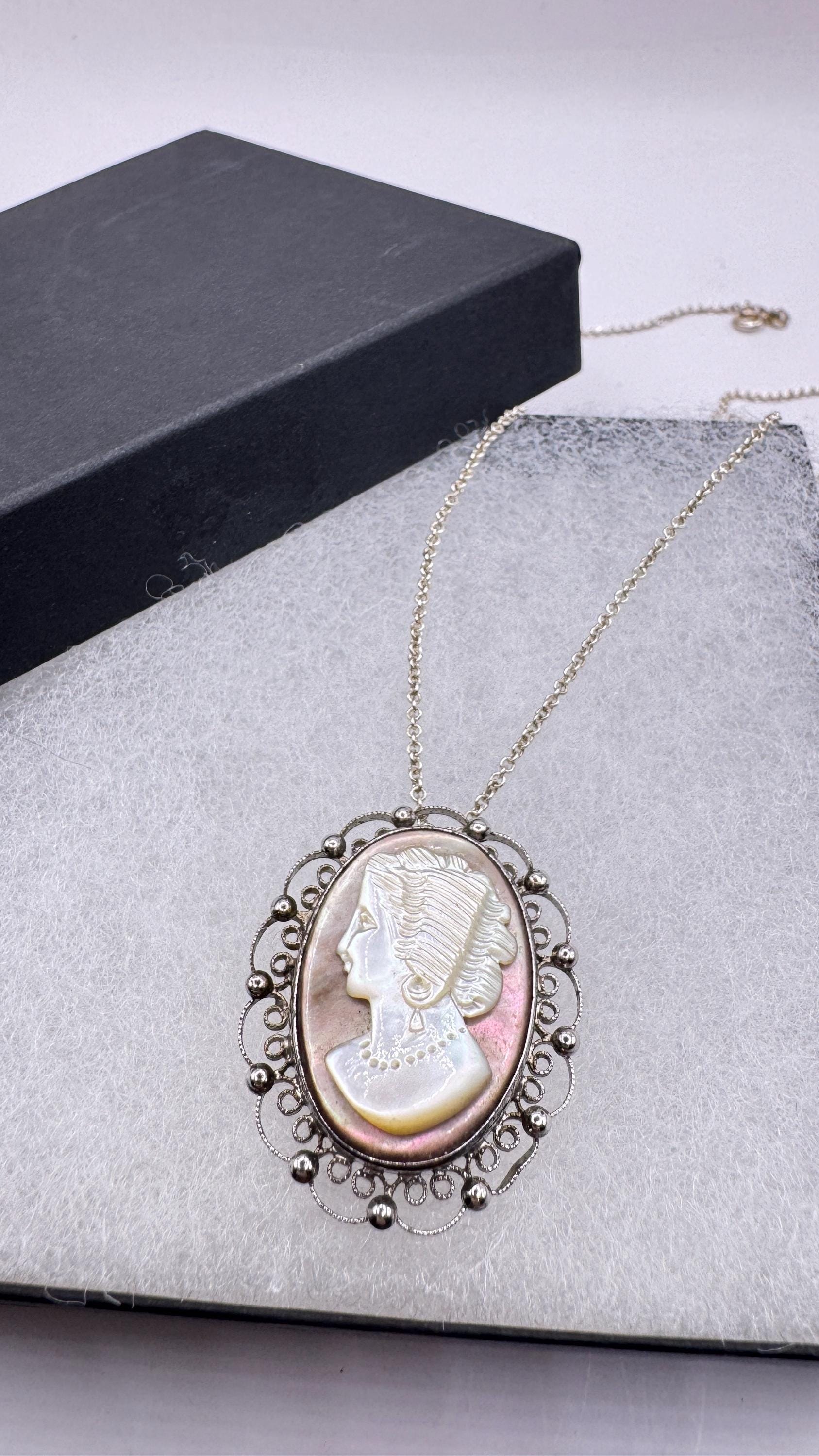 Vintage abalone Cameo Sterling Silver Necklace Pin Brooch