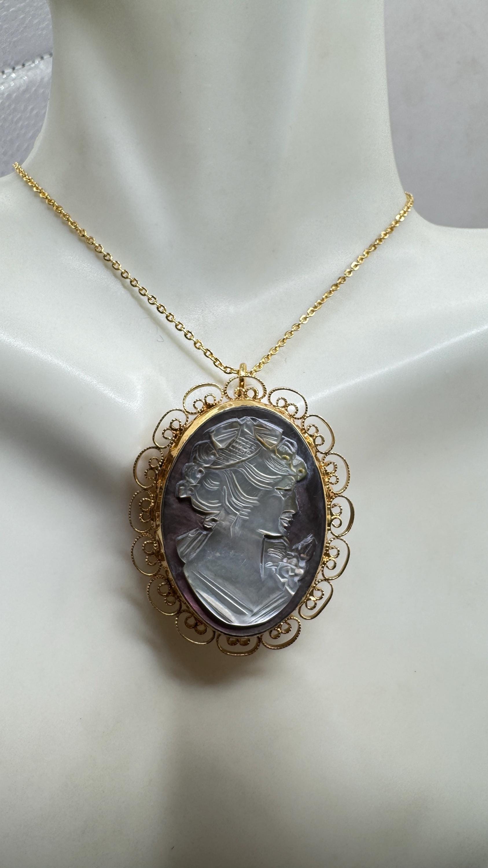 Vintage abalone Cameo Gold Filled Necklace Pin Brooch