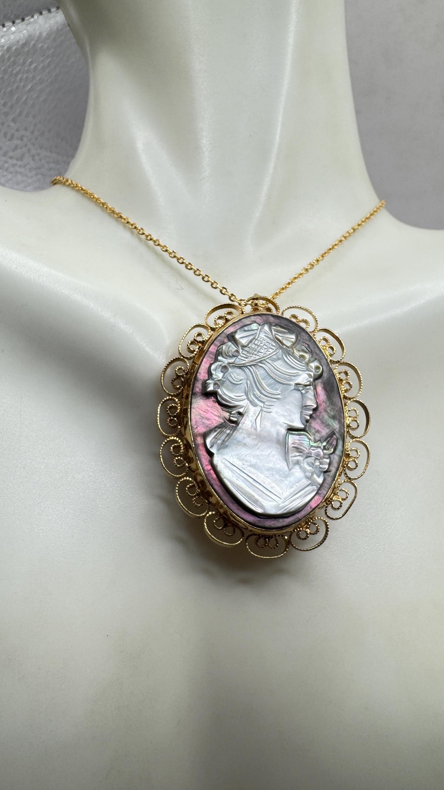 Vintage abalone Cameo Gold Filled Necklace Pin Brooch