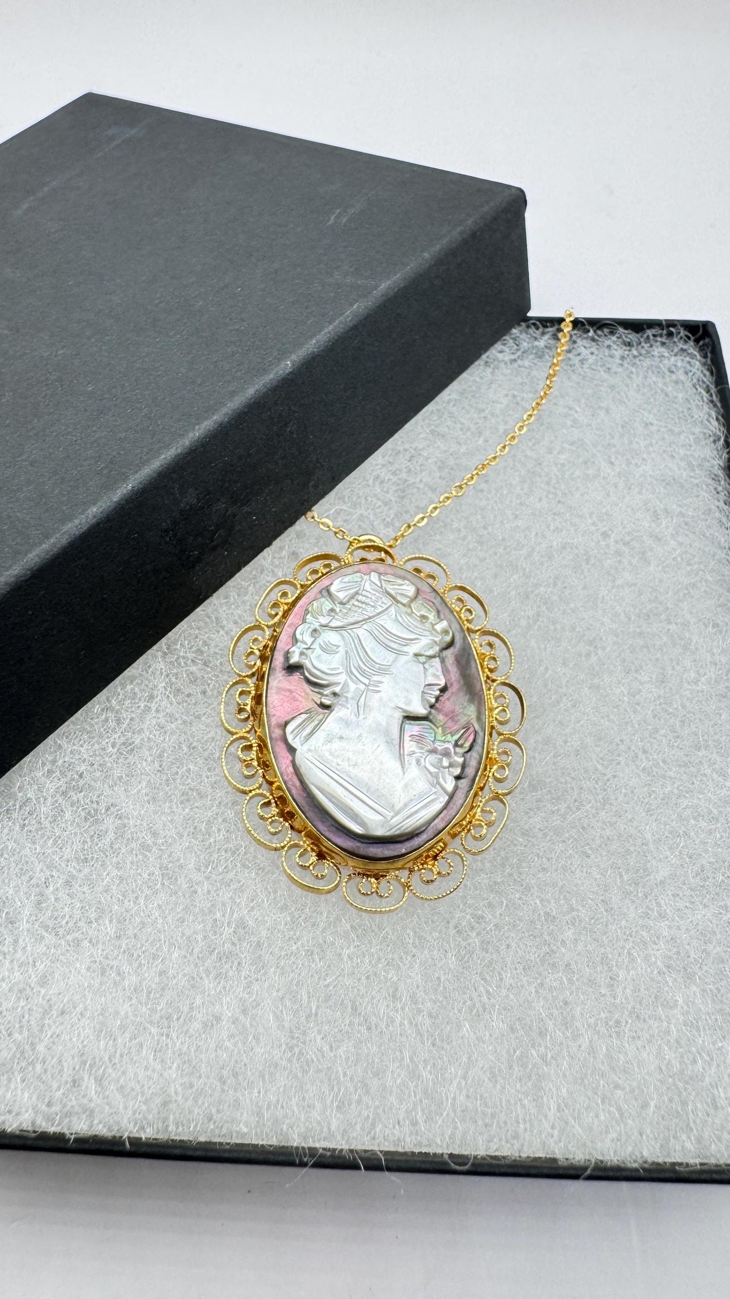 Vintage abalone Cameo Gold Filled Necklace Pin Brooch