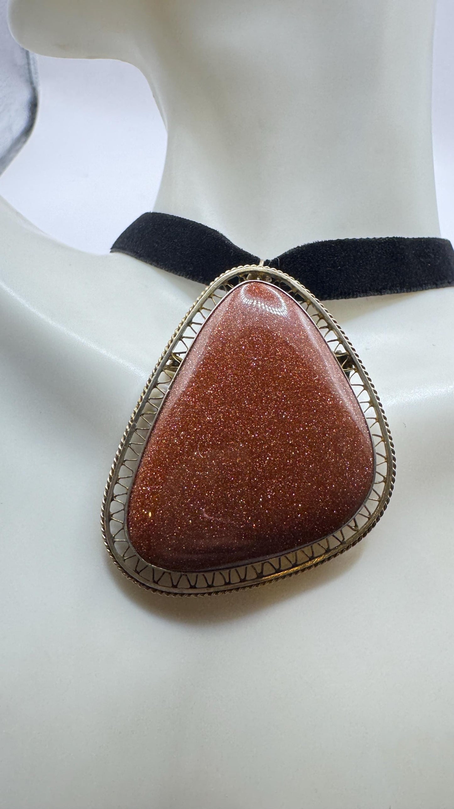 Vintage Goldstone Choker Gold Filled Necklace Pin Brooch