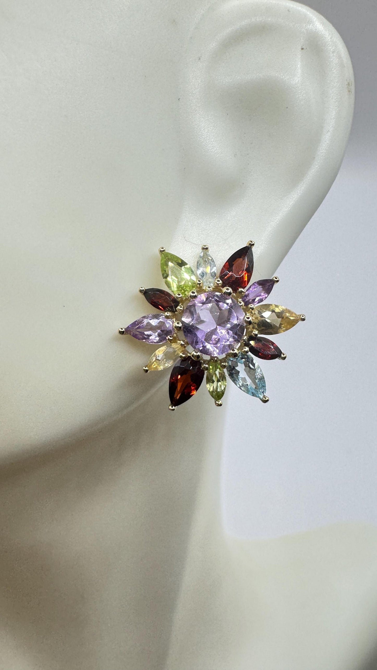 Vintage Mixed Gemstone Gold 925 Sterling Silver button Earrings