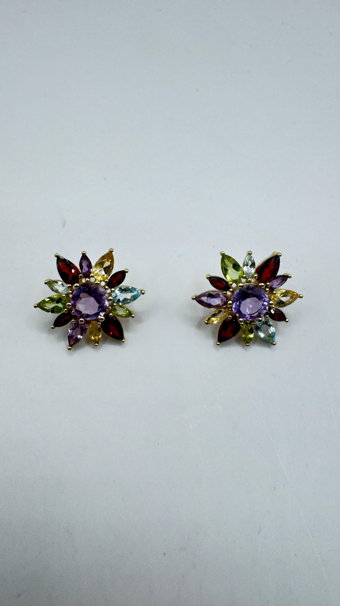 Vintage Mixed Gemstone Gold 925 Sterling Silver button Earrings