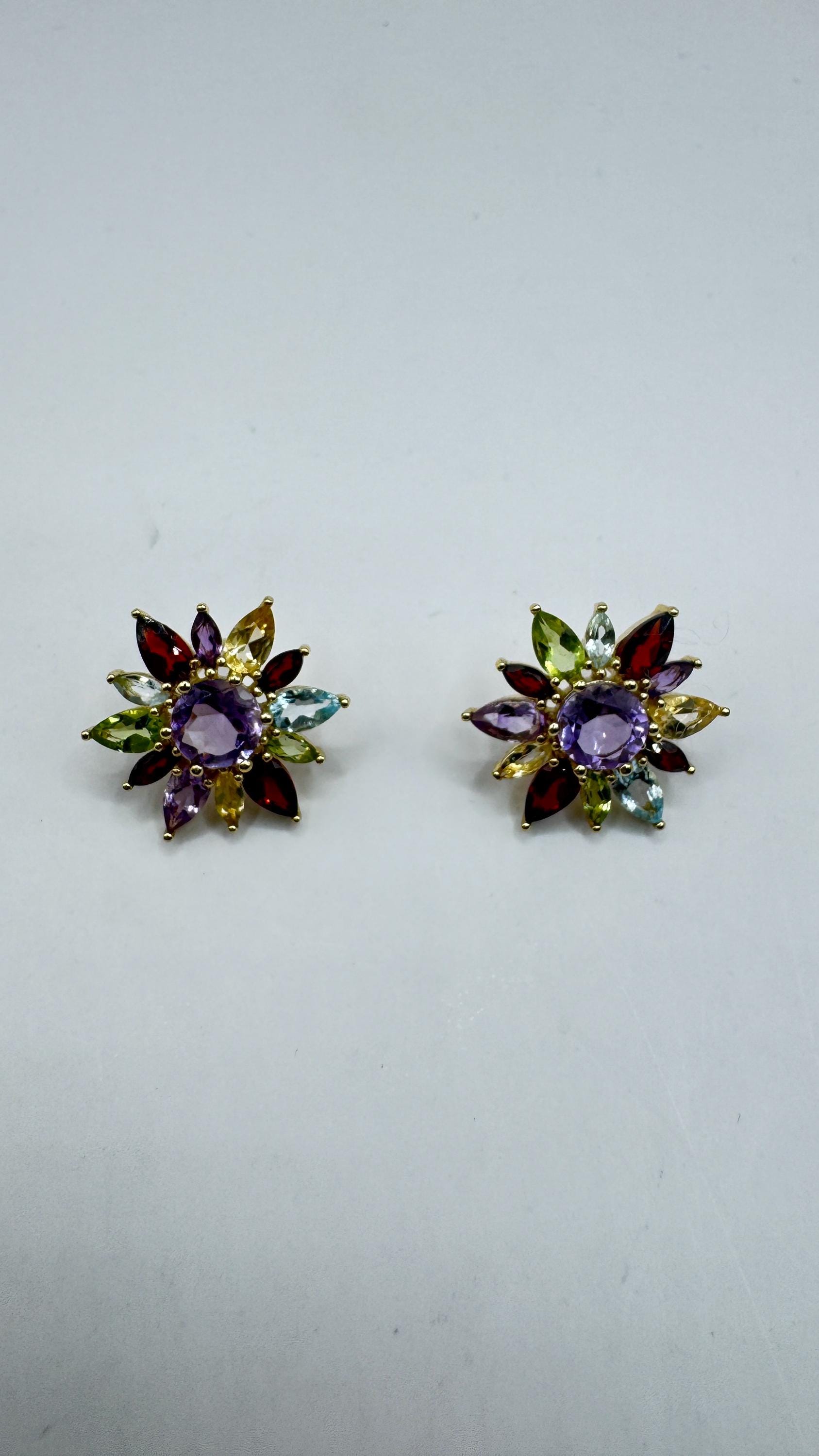 Vintage Mixed Gemstone Gold 925 Sterling Silver button Earrings