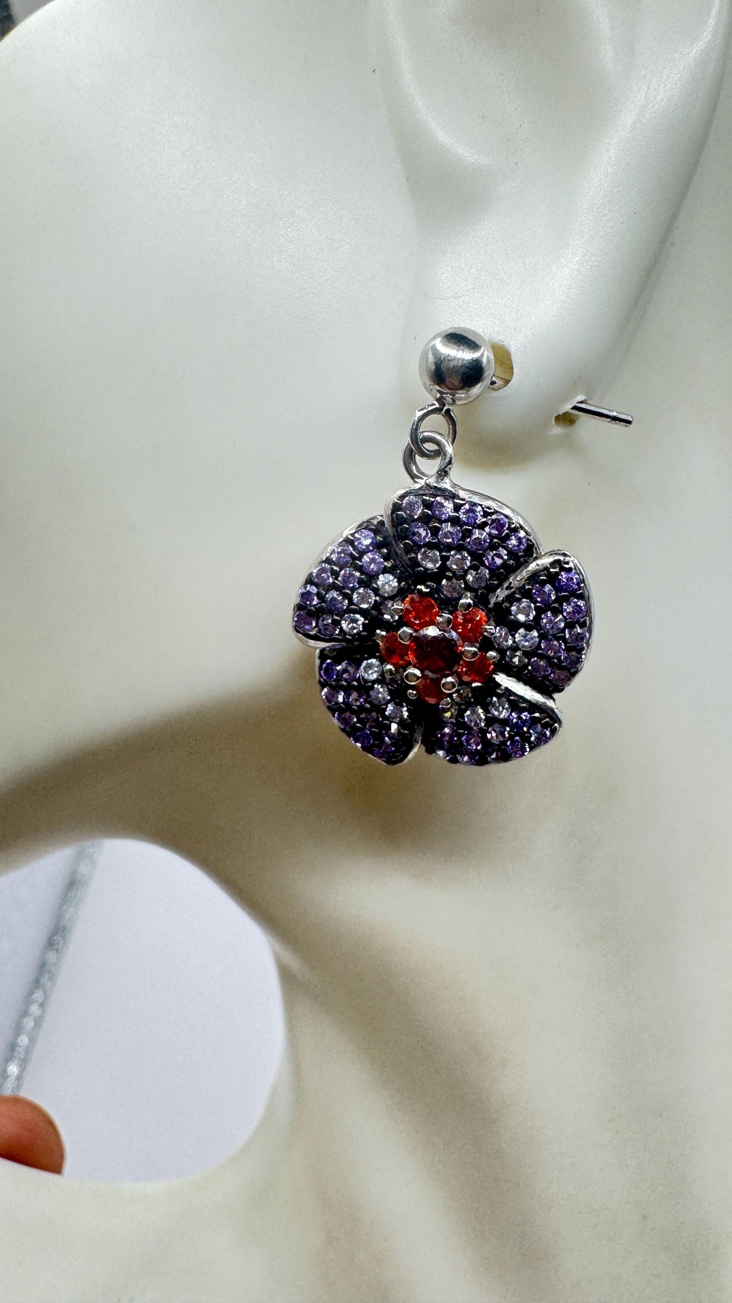 Vintage Garnet Tanzanite Flower 925 Sterling Silver Earrings
