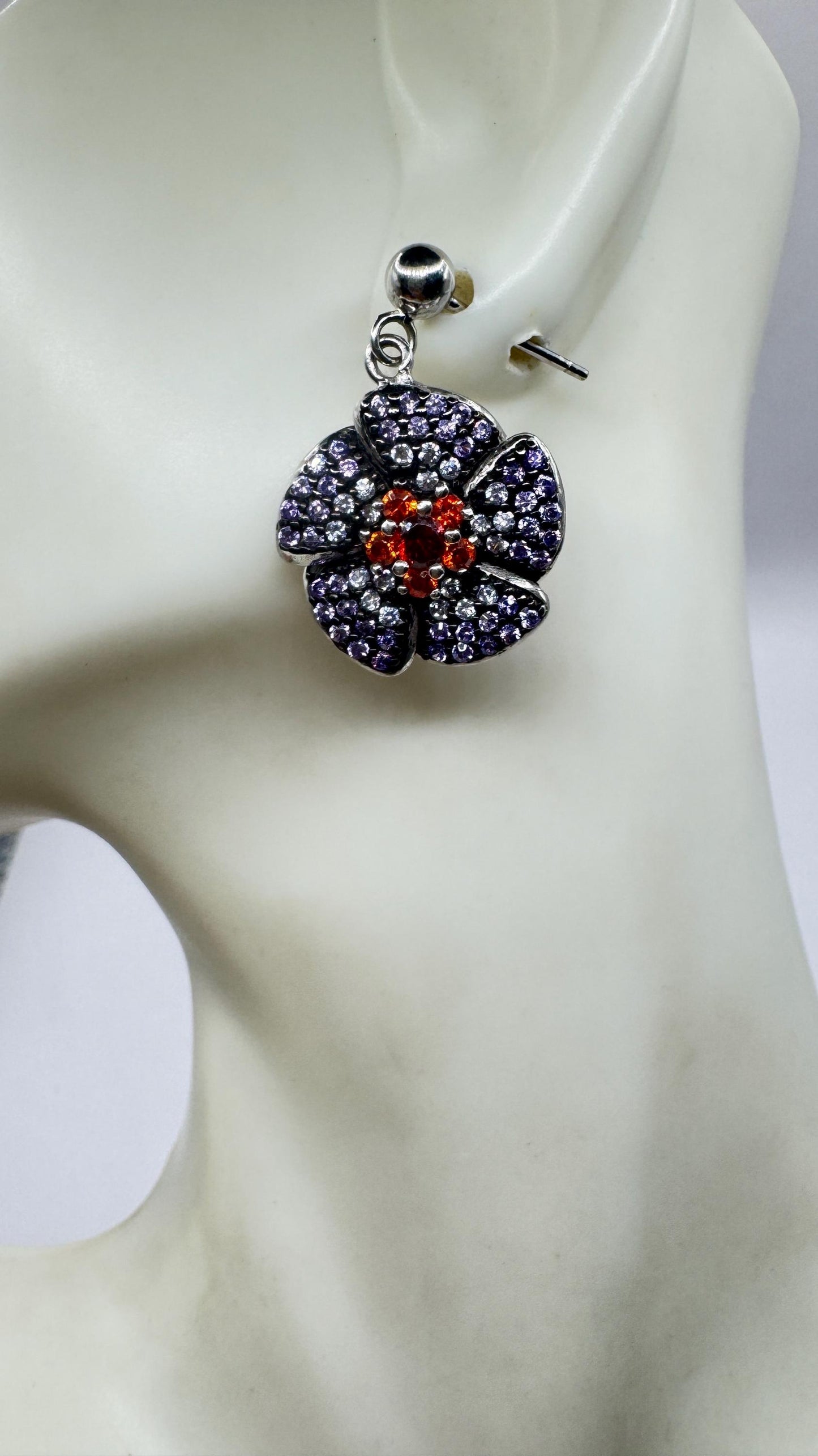 Vintage Garnet Tanzanite Flower 925 Sterling Silver Earrings