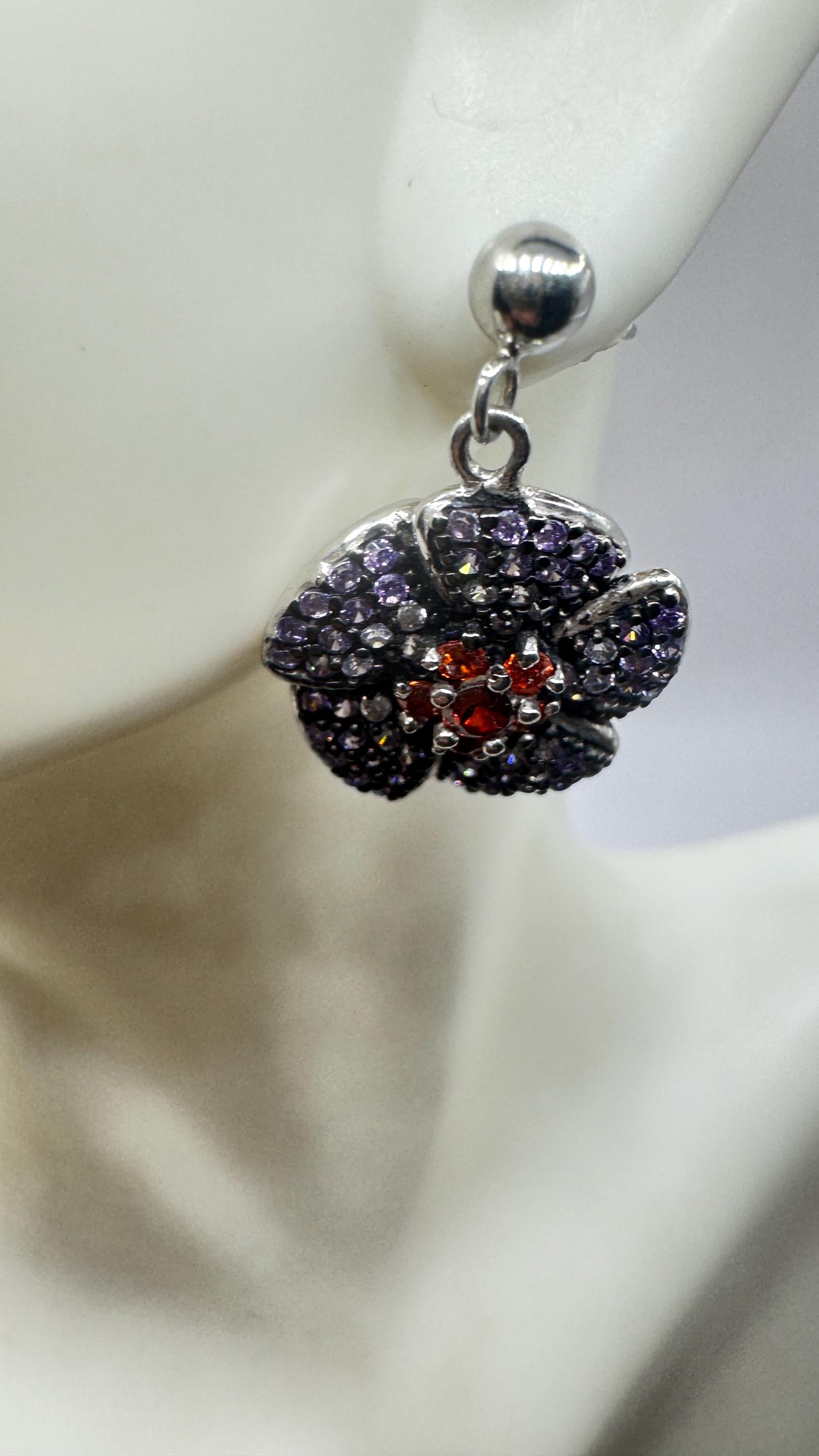 Vintage Garnet Tanzanite Flower 925 Sterling Silver Earrings