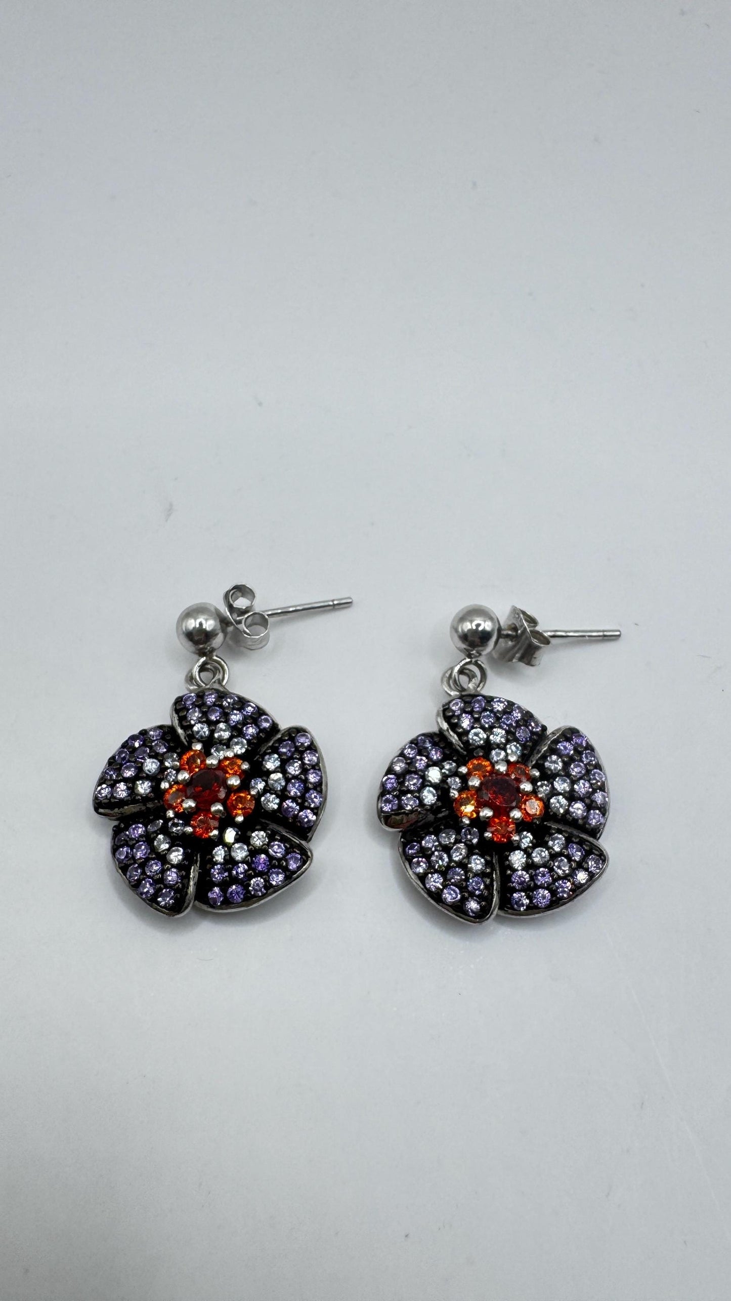Vintage Garnet Tanzanite Flower 925 Sterling Silver Earrings