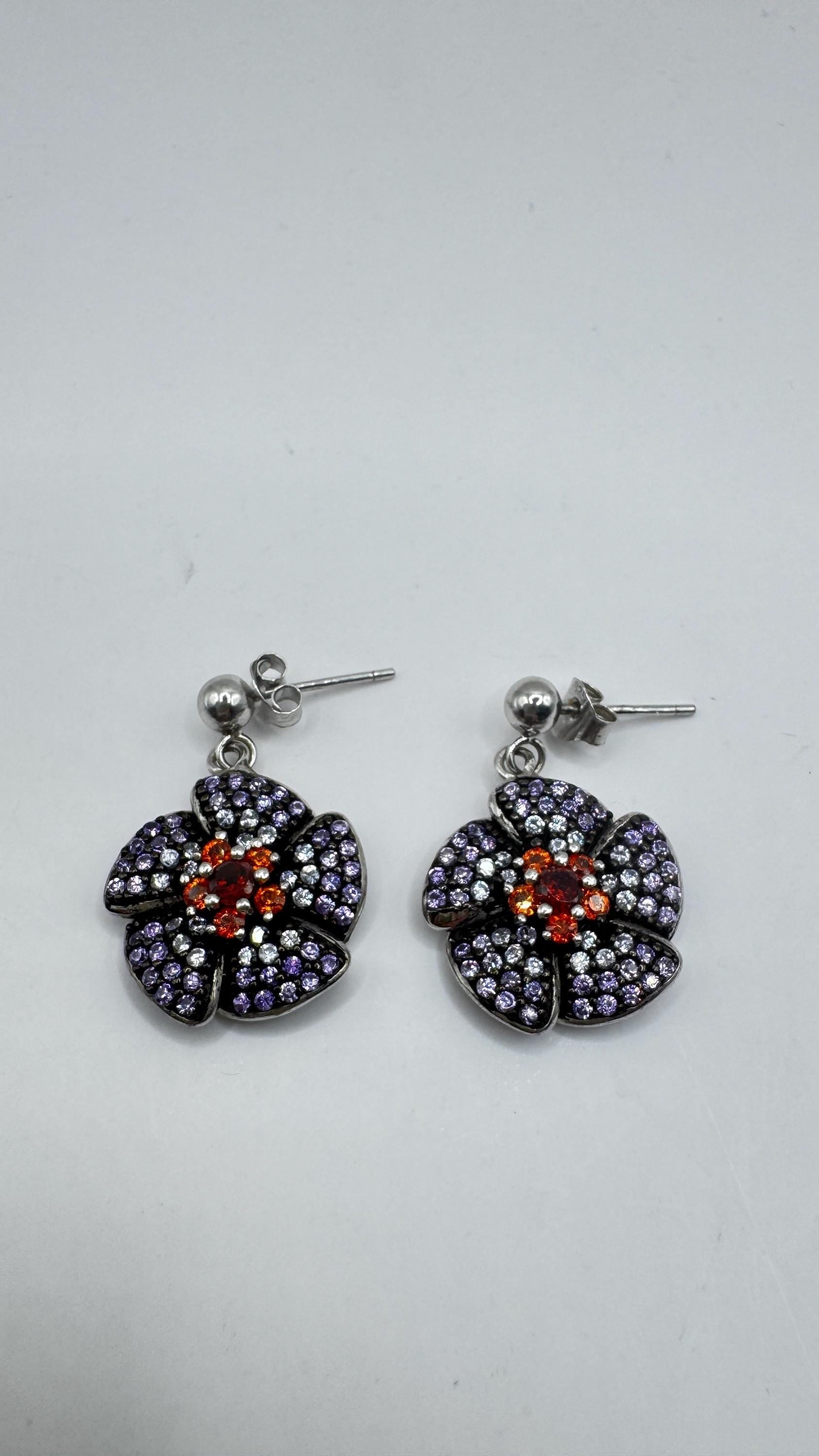 Vintage Garnet Tanzanite Flower 925 Sterling Silver Earrings