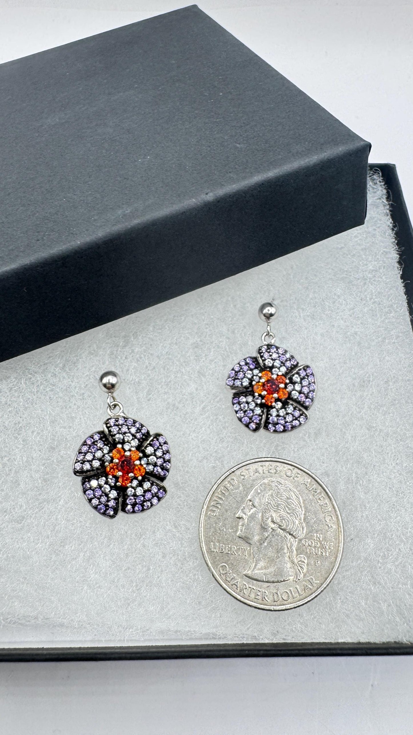 Vintage Garnet Tanzanite Flower 925 Sterling Silver Earrings