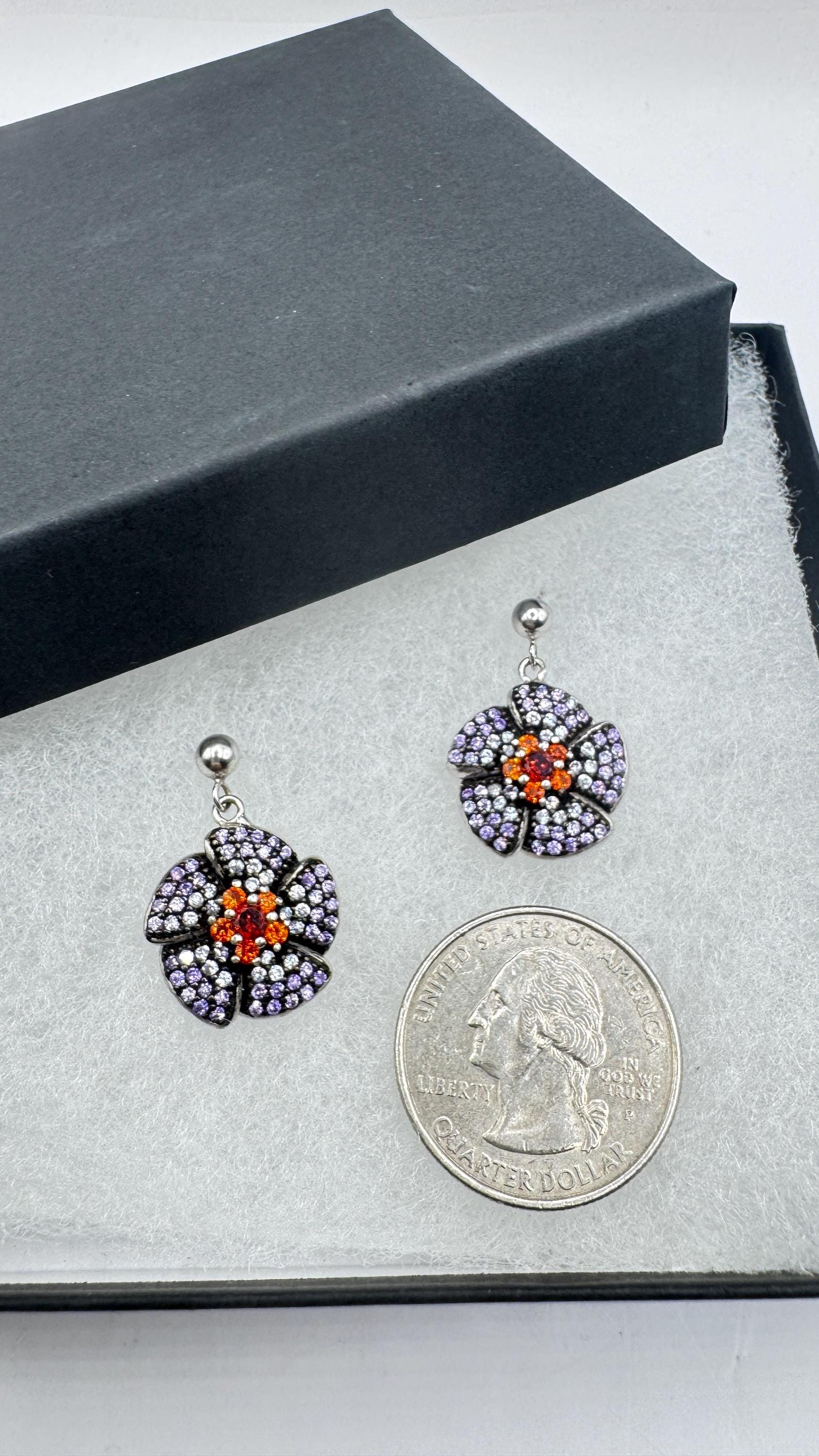 Vintage Garnet Tanzanite Flower 925 Sterling Silver Earrings
