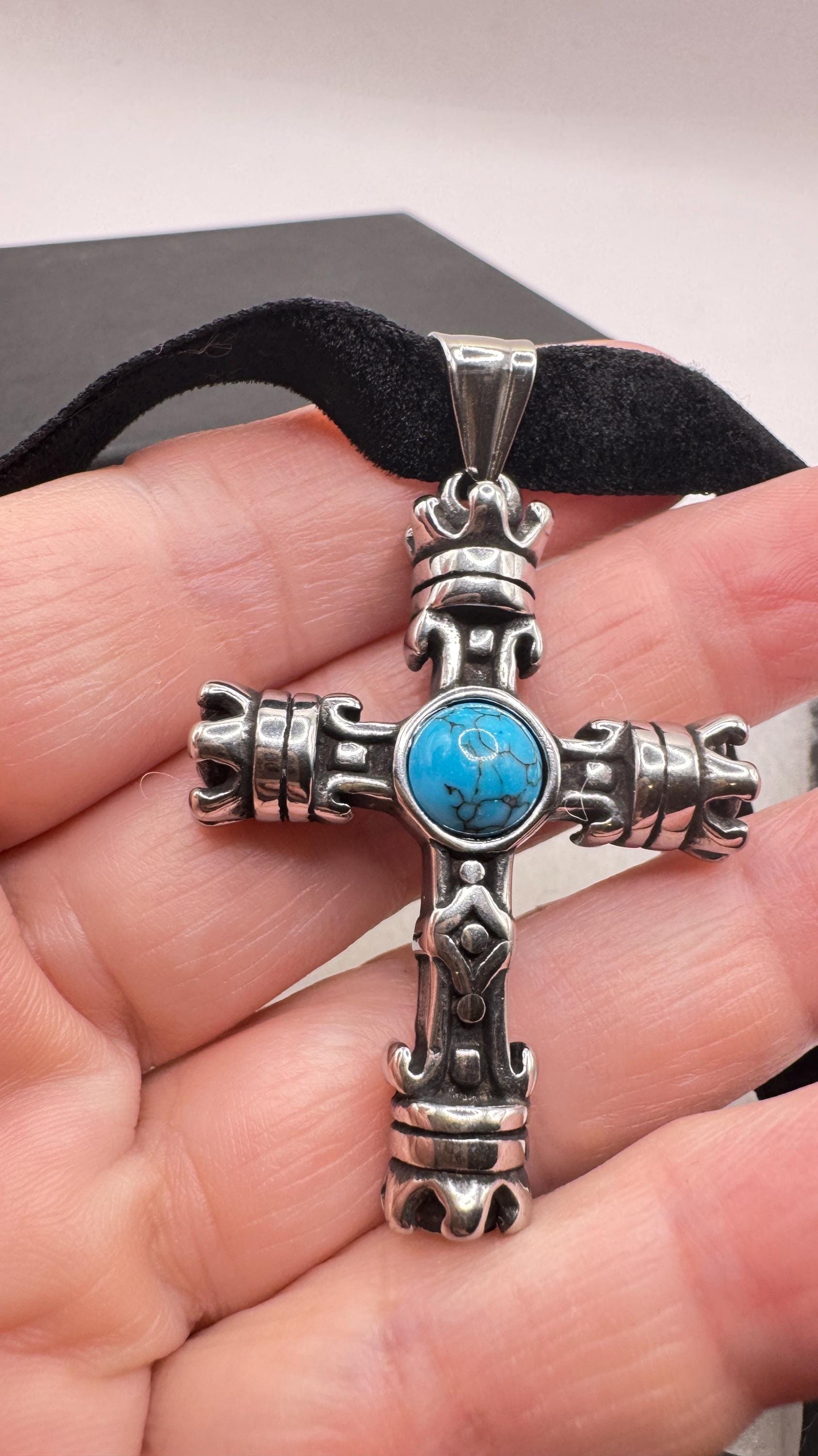 vintage Turquoise Silver Stainless Steel Cross necklace
