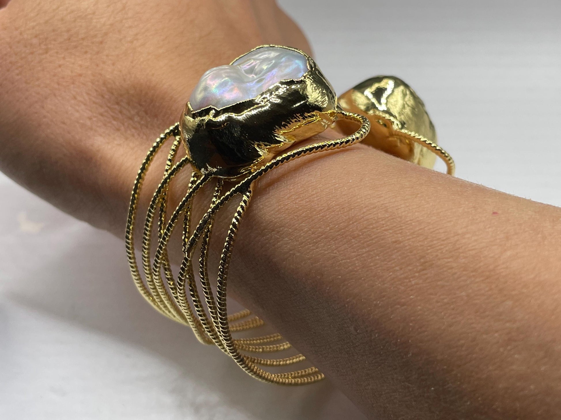 Vintage Pearl Cuff Bangle Bracelet Gold 925 Sterling Silver