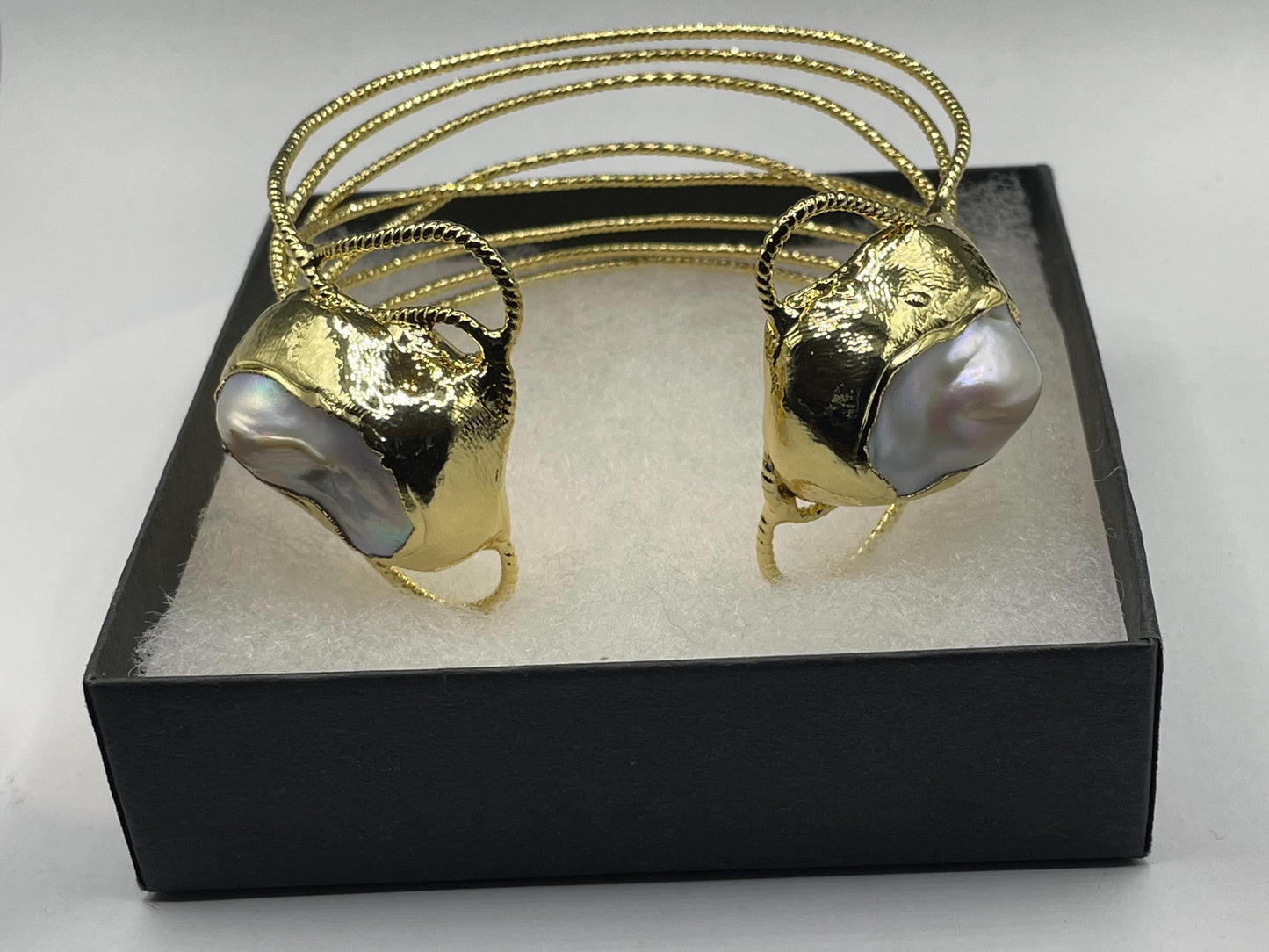 Vintage Pearl Cuff Bangle Bracelet Gold 925 Sterling Silver