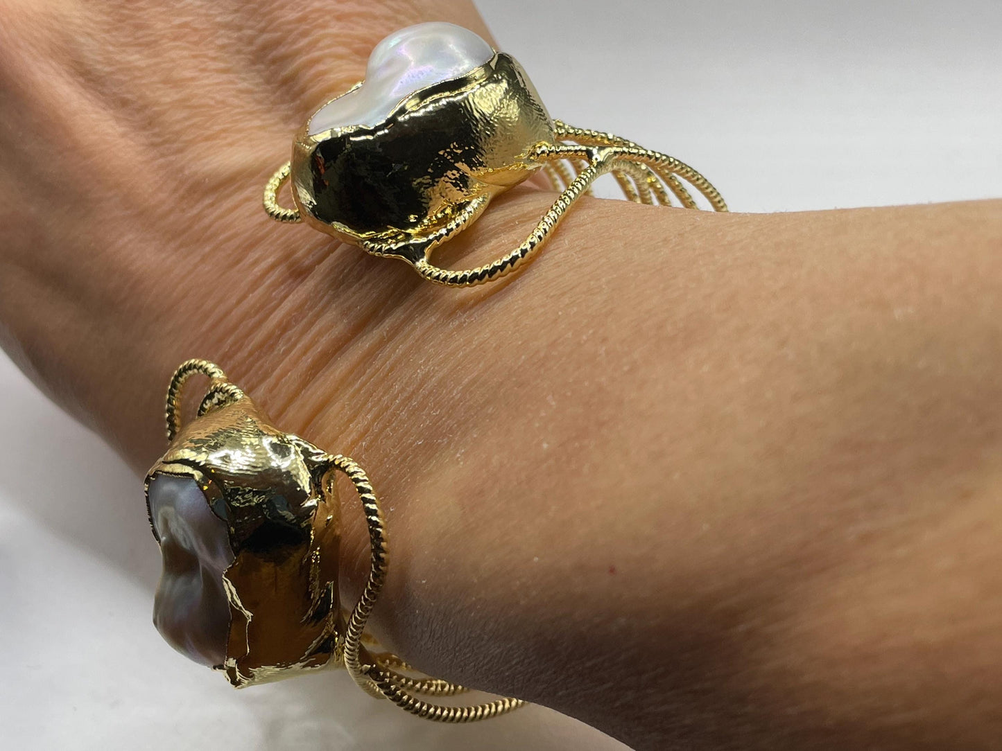 Vintage Pearl Cuff Bangle Bracelet Gold 925 Sterling Silver