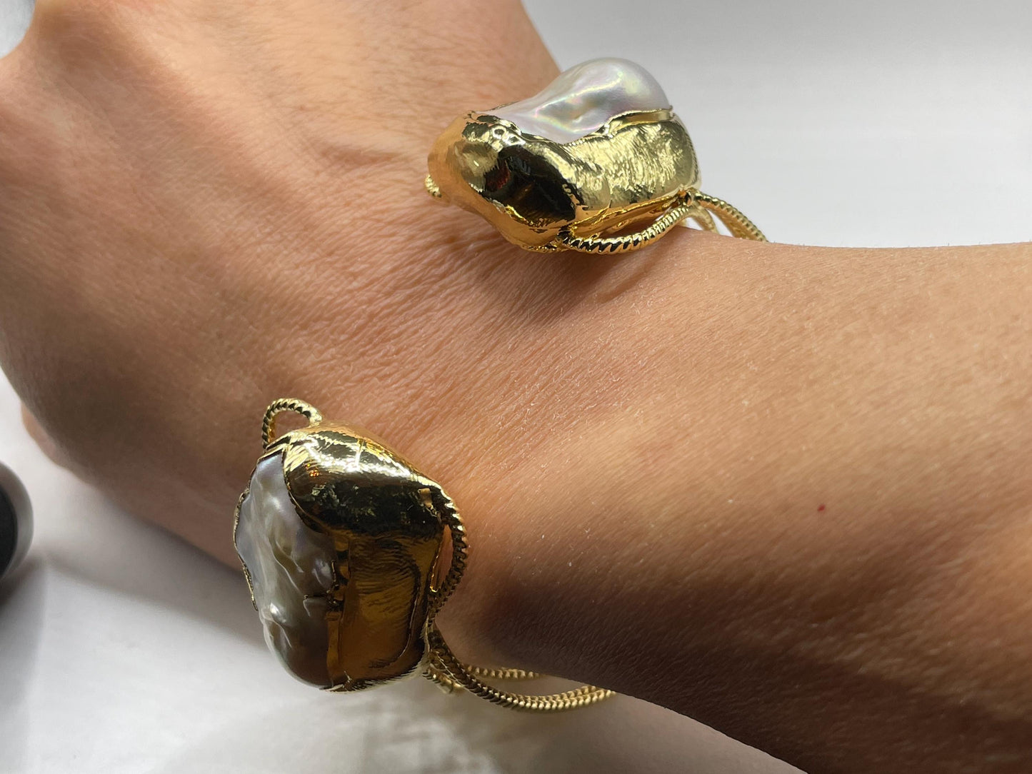 Vintage Pearl Cuff Bangle Bracelet Gold 925 Sterling Silver