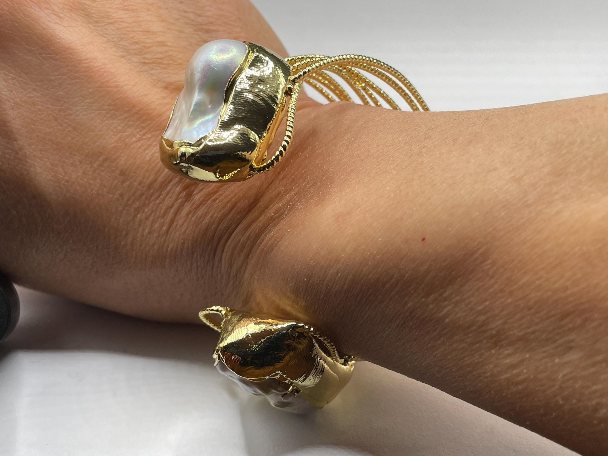 Vintage Pearl Cuff Bangle Bracelet Gold 925 Sterling Silver