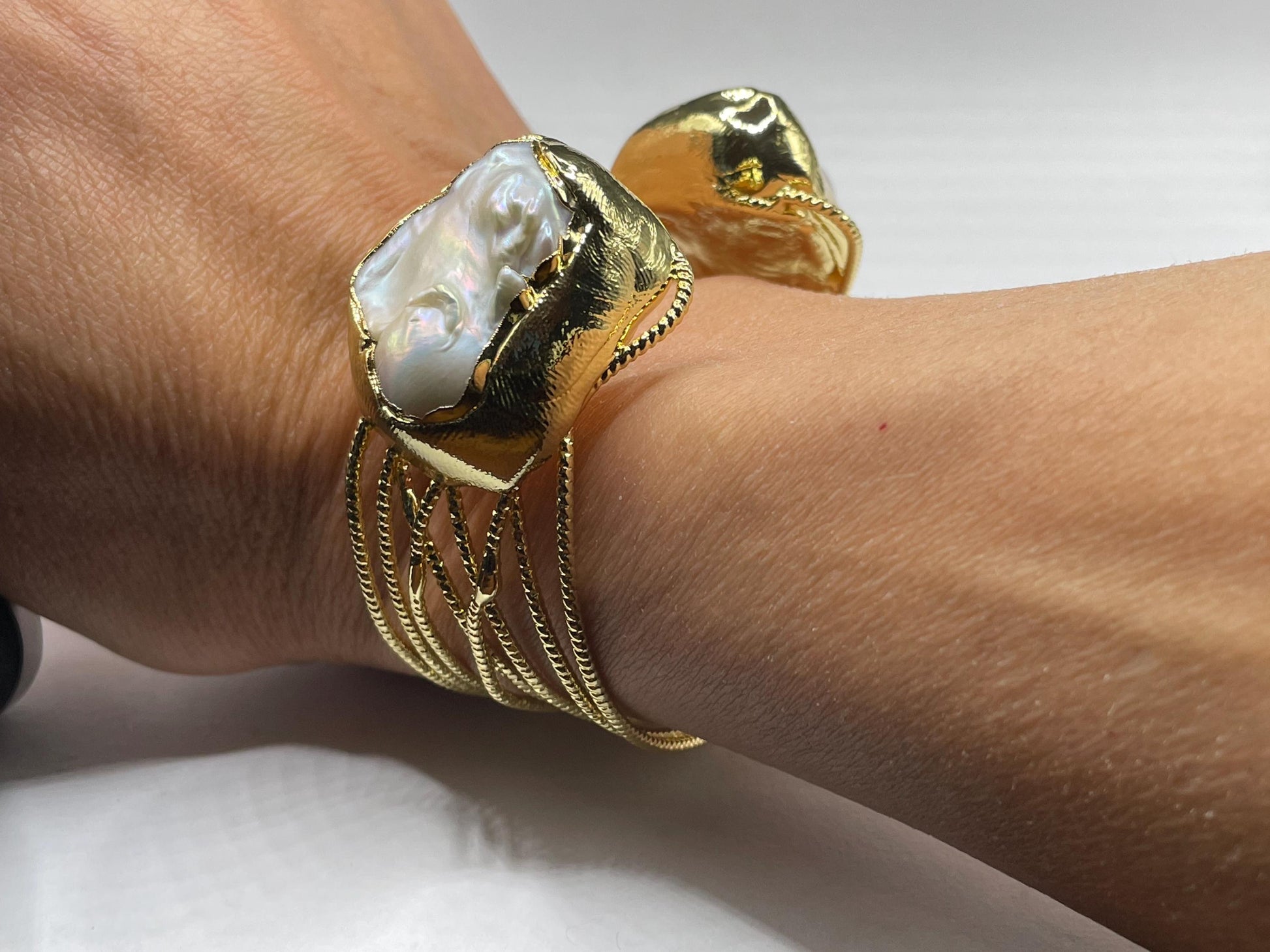 Vintage Pearl Cuff Bangle Bracelet Gold 925 Sterling Silver