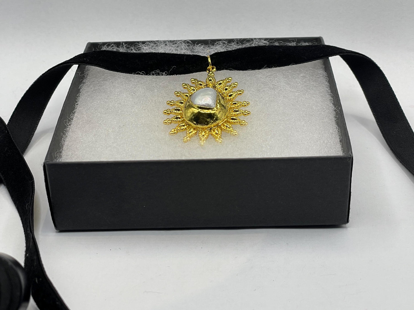 Vintage Pearl Sun Black Velvet Choker Gold Filled Pendant