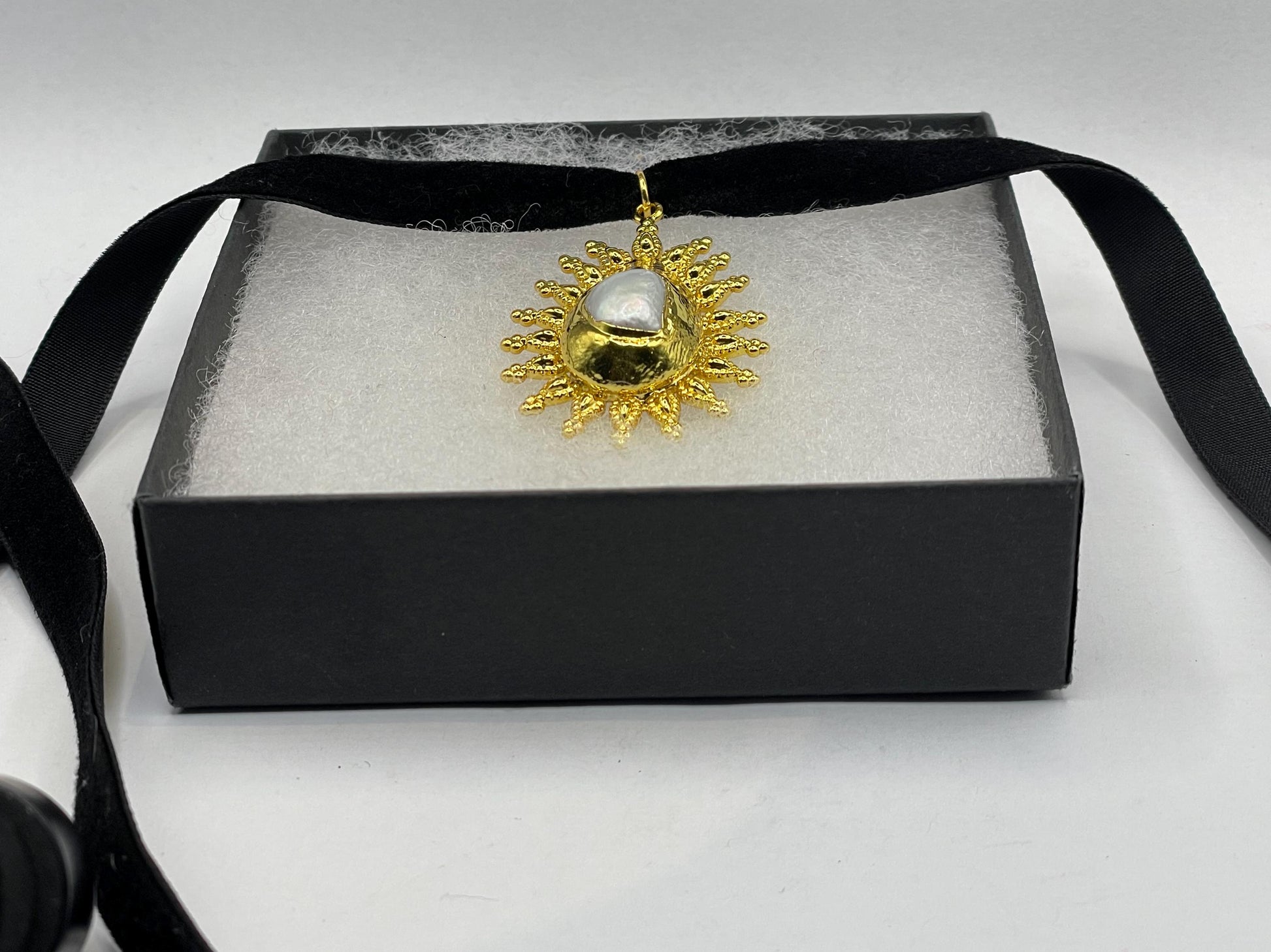 Vintage Pearl Sun Black Velvet Choker Gold Filled Pendant