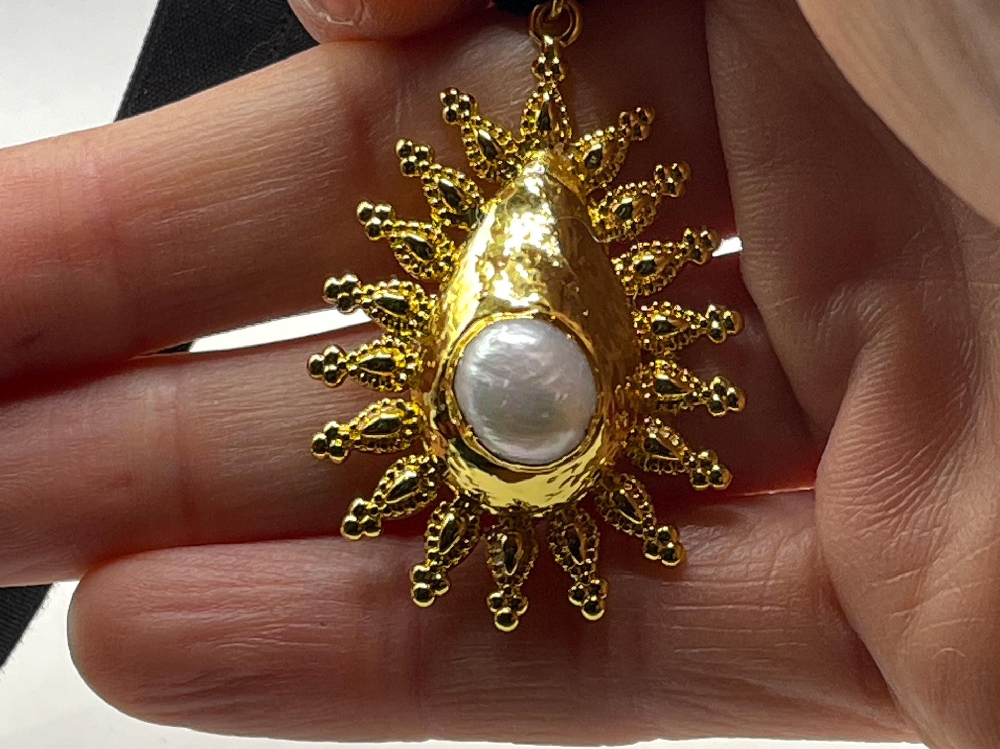 Vintage Pearl Sun Black Velvet Choker Gold Filled Pendant