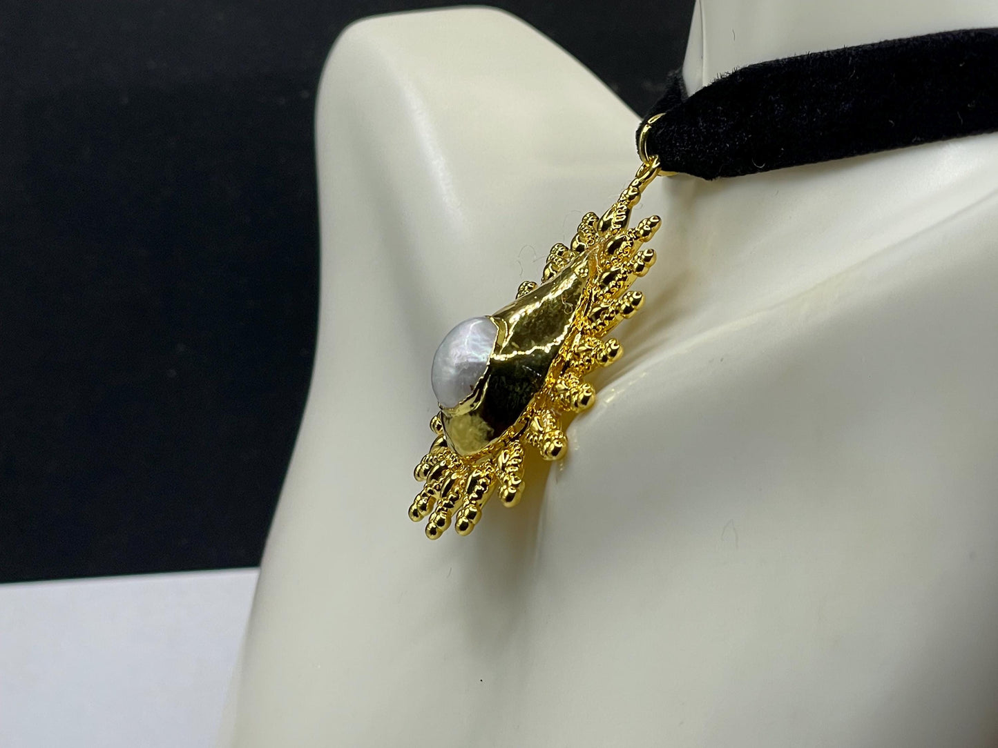 Vintage Pearl Sun Black Velvet Choker Gold Filled Pendant