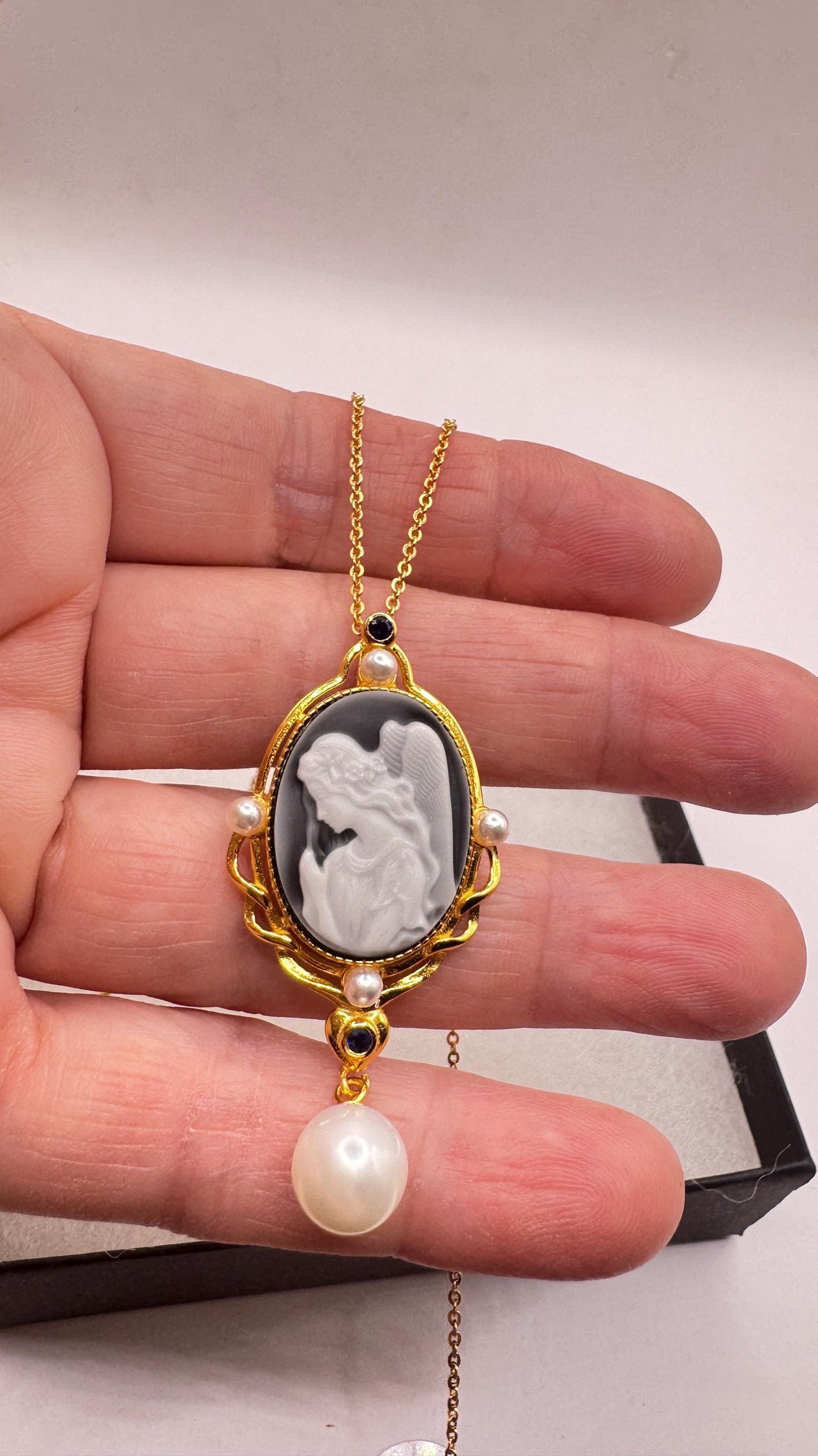 Vintage Carved Angel Onyx Cameo Gold 925 Sterling silver Necklace Choker