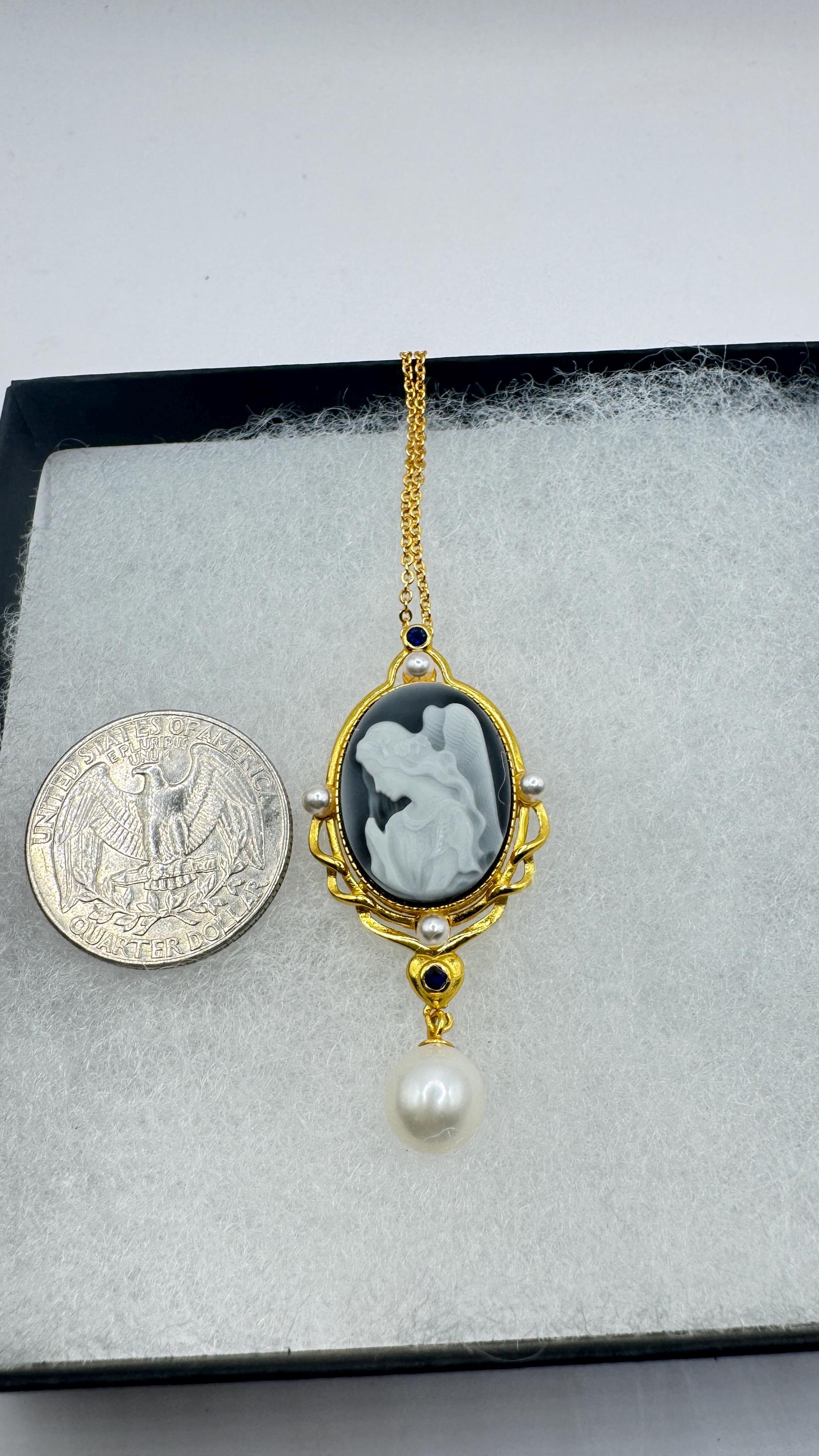 Vintage Carved Angel Onyx Cameo Gold 925 Sterling silver Necklace Choker